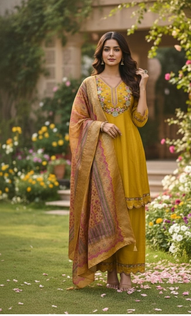 Mustard Cotton Silk Designer Suit Set With Artisan Embroidery