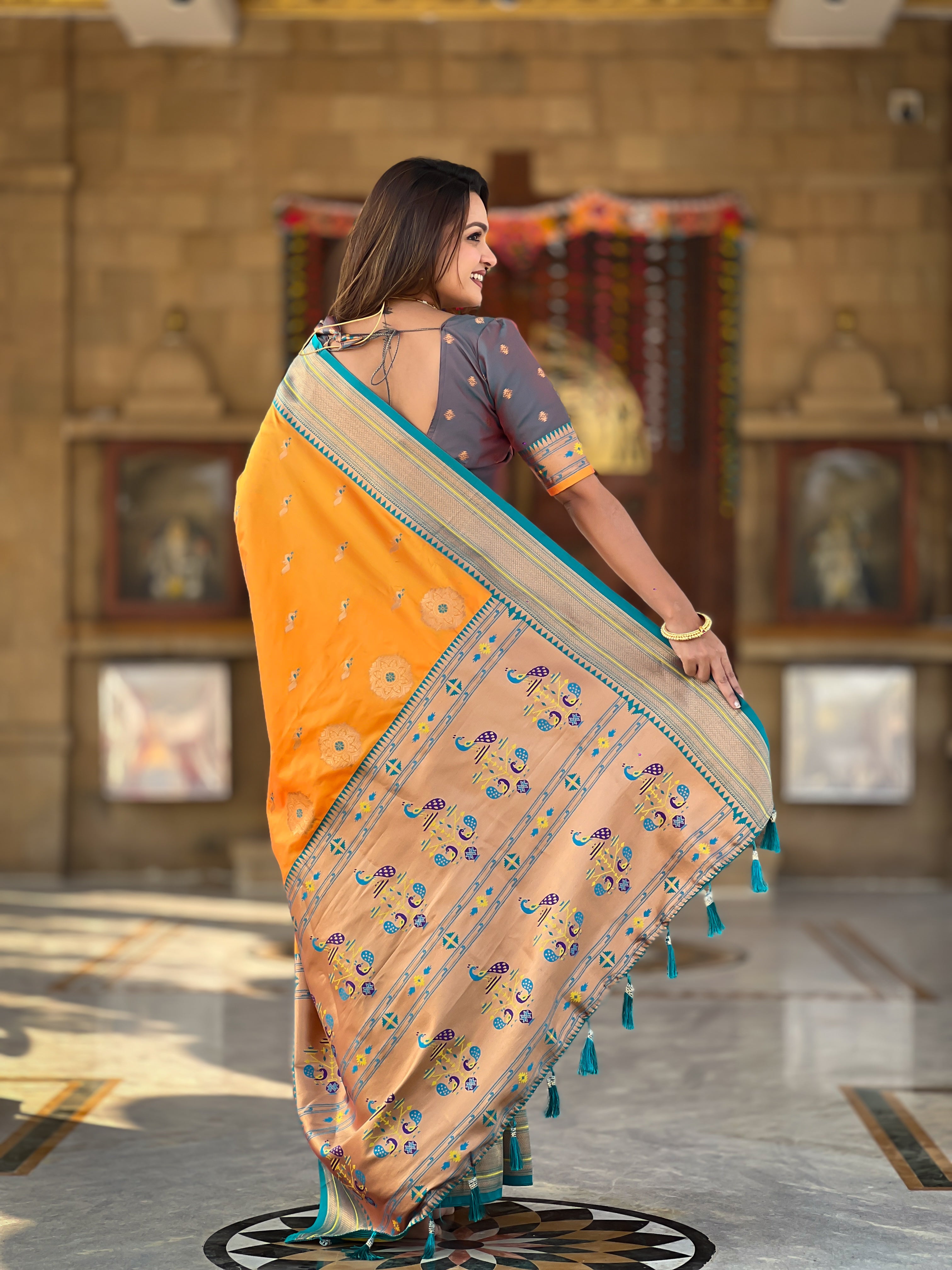 Mustard Ethnic Paithani Silk Woven Jacquard Designer Ceremonial Fancy Saree