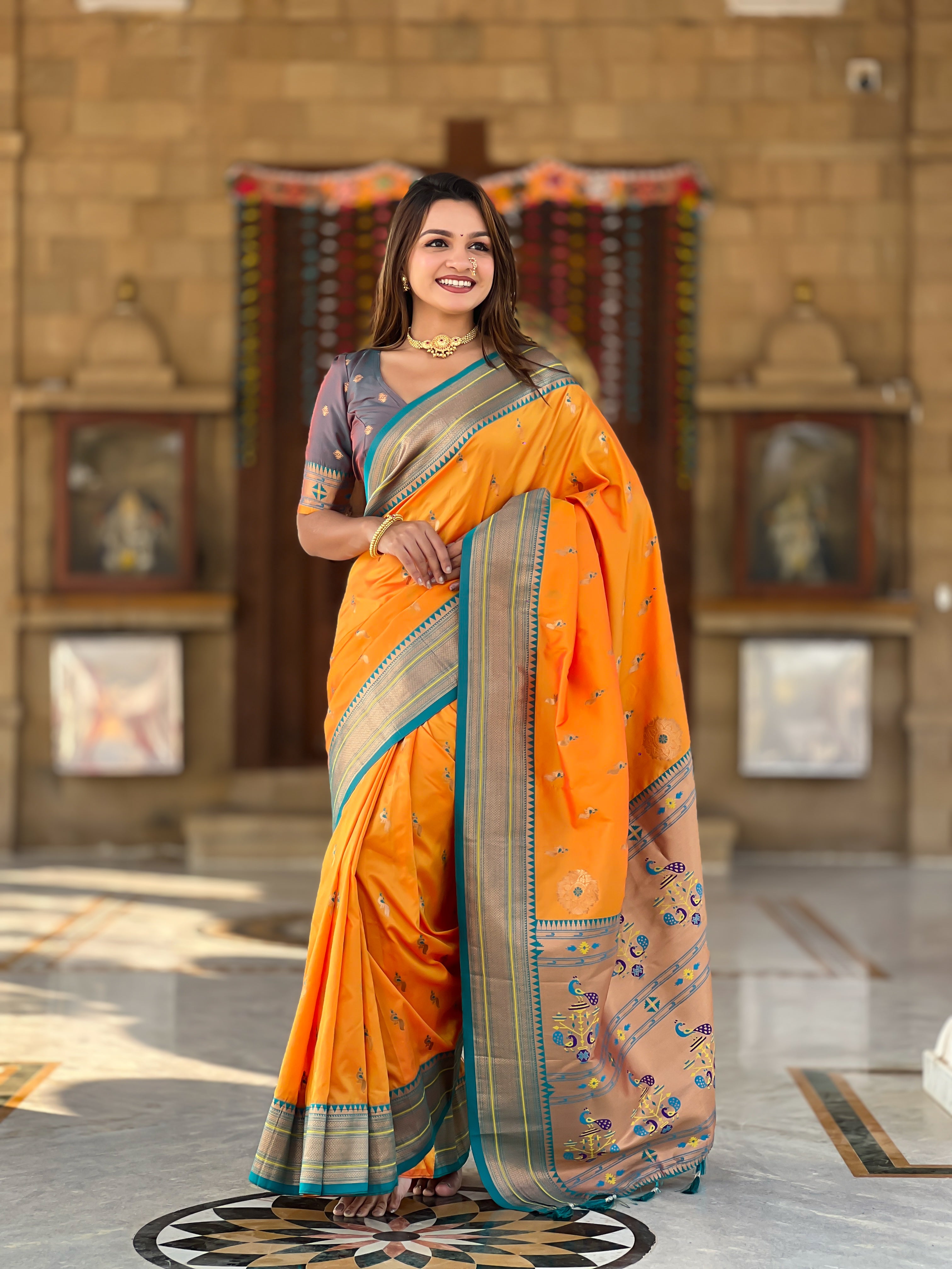 Mustard Ethnic Paithani Silk Woven Jacquard Designer Ceremonial Fancy Saree