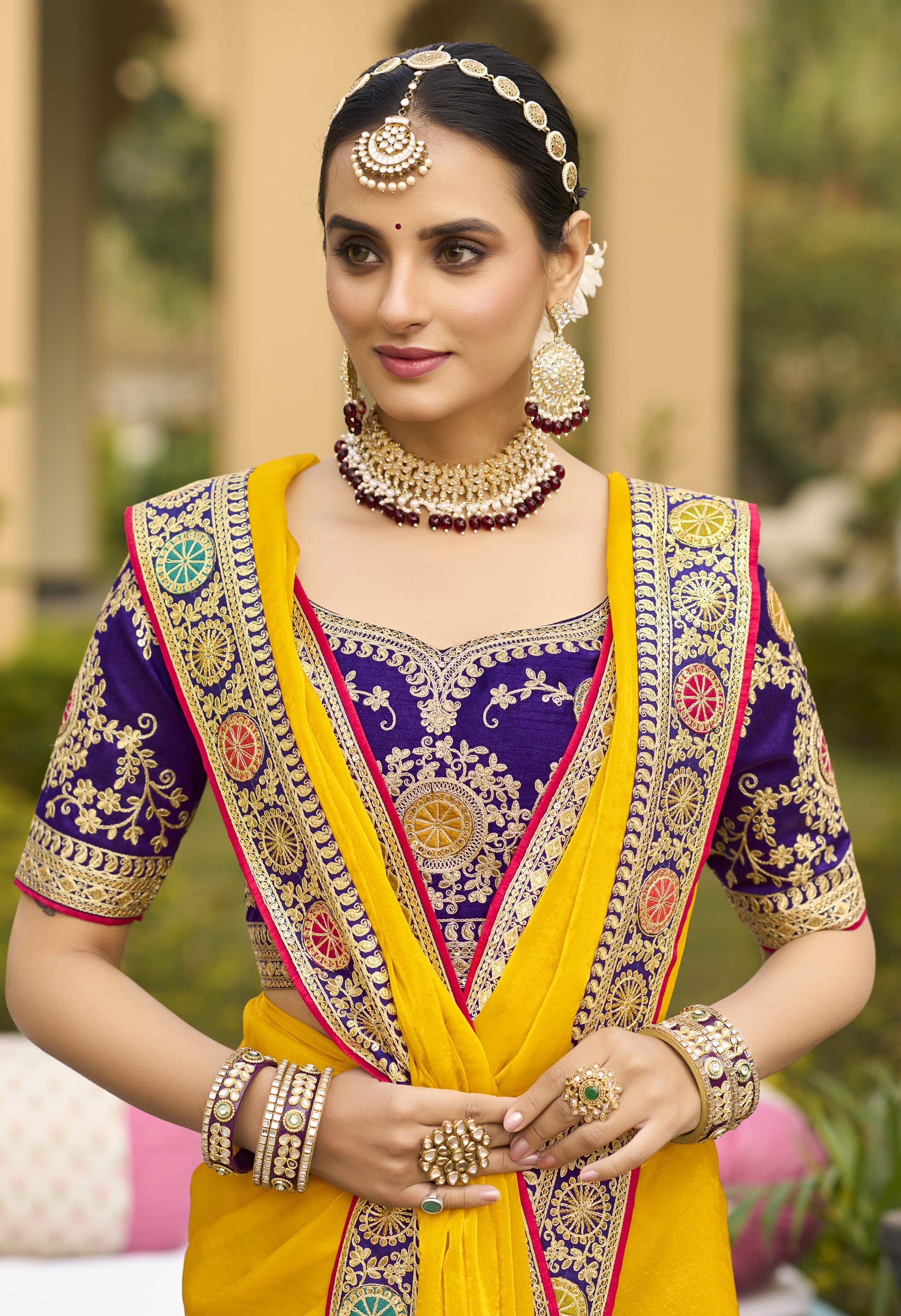 Mustard Georgette Plain Saree With Embroidered Lace Border