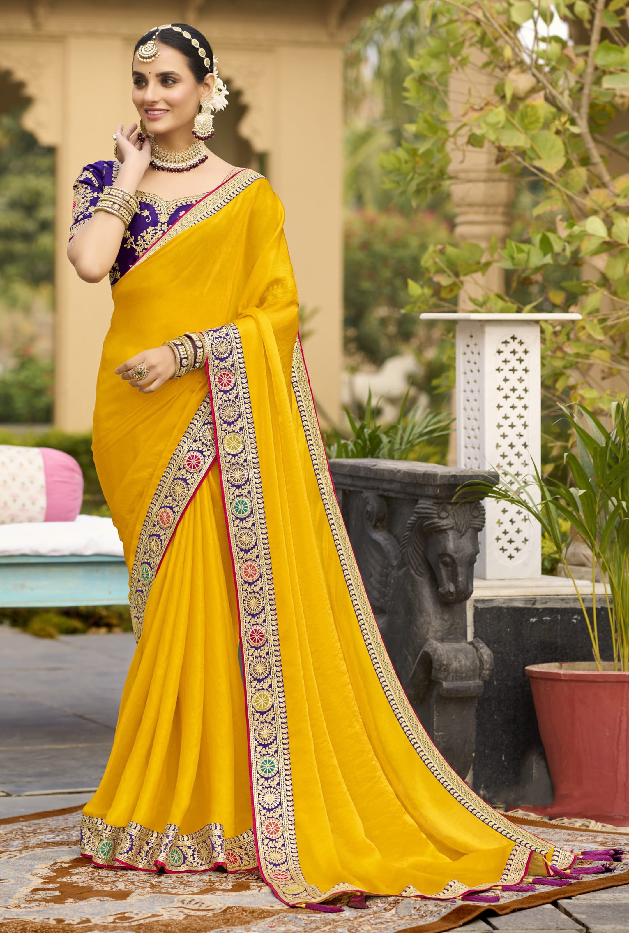 Mustard Georgette Plain Saree With Embroidered Lace Border
