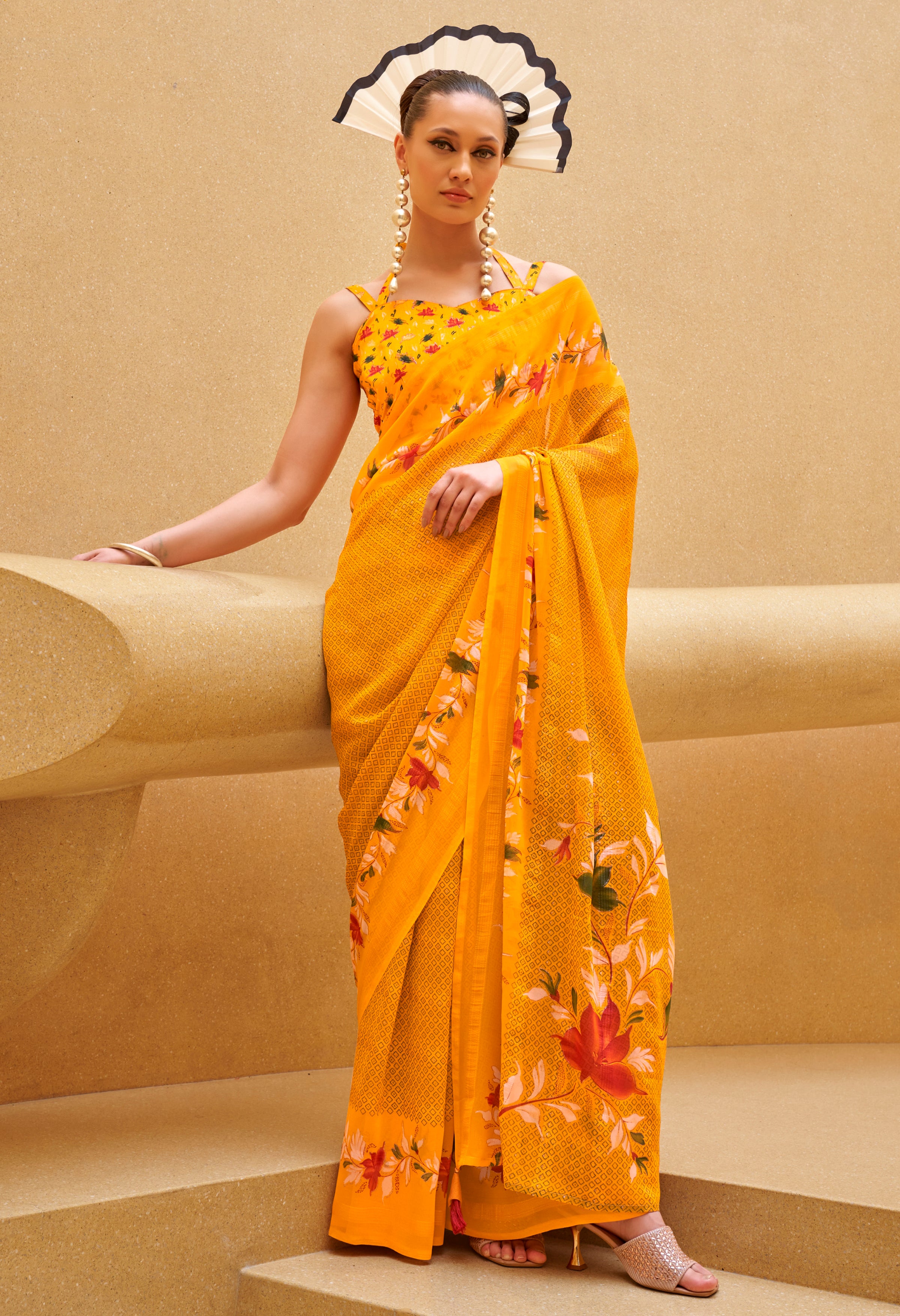 Mustard Georgette Printed Saree