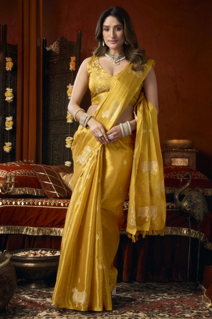 Mustard Heavy Tissue Saree with Elegant Allover Butta Design