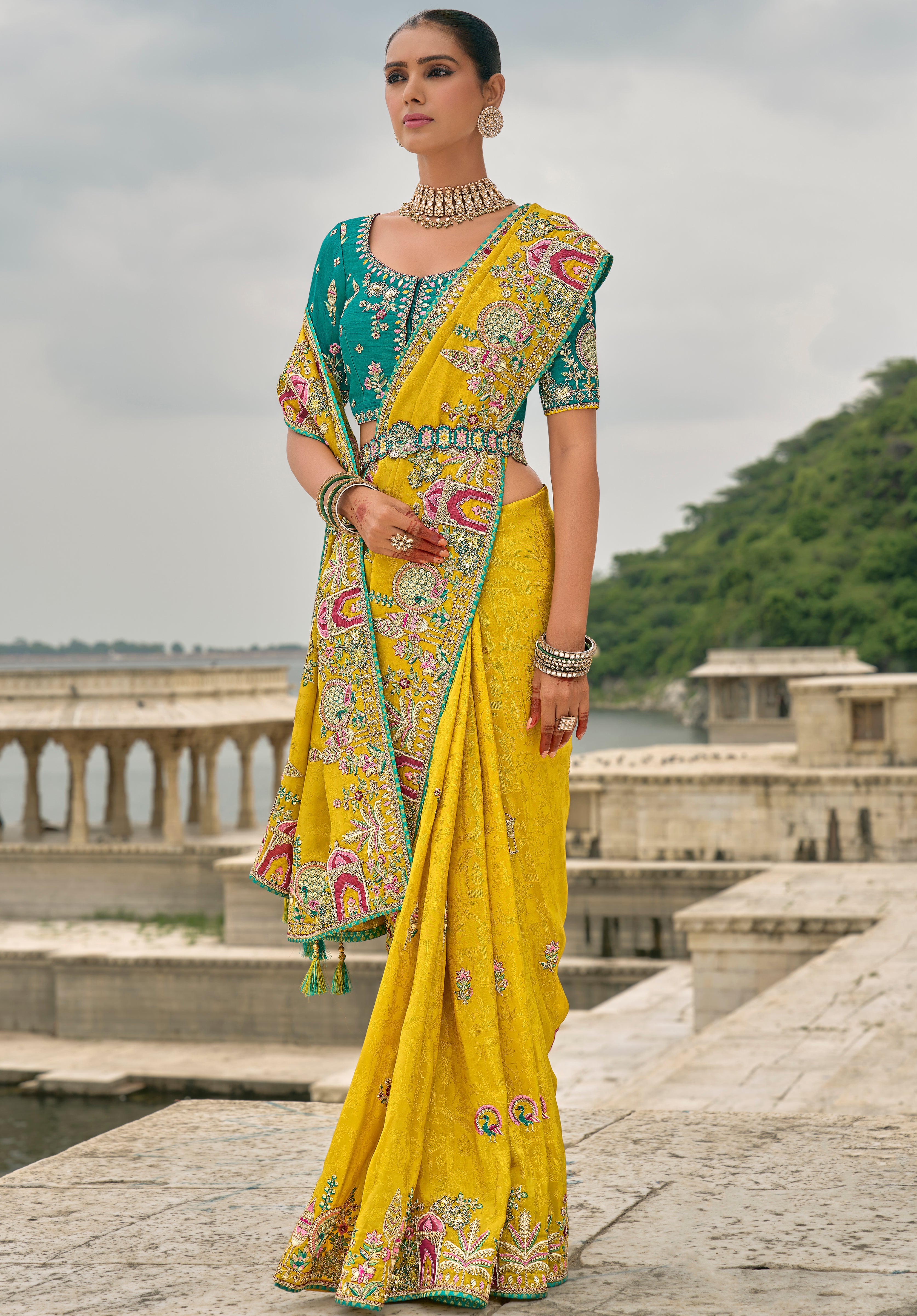 Mustard Jacquard Saree With  Heavy Thread Embroidery and Sequins Work
