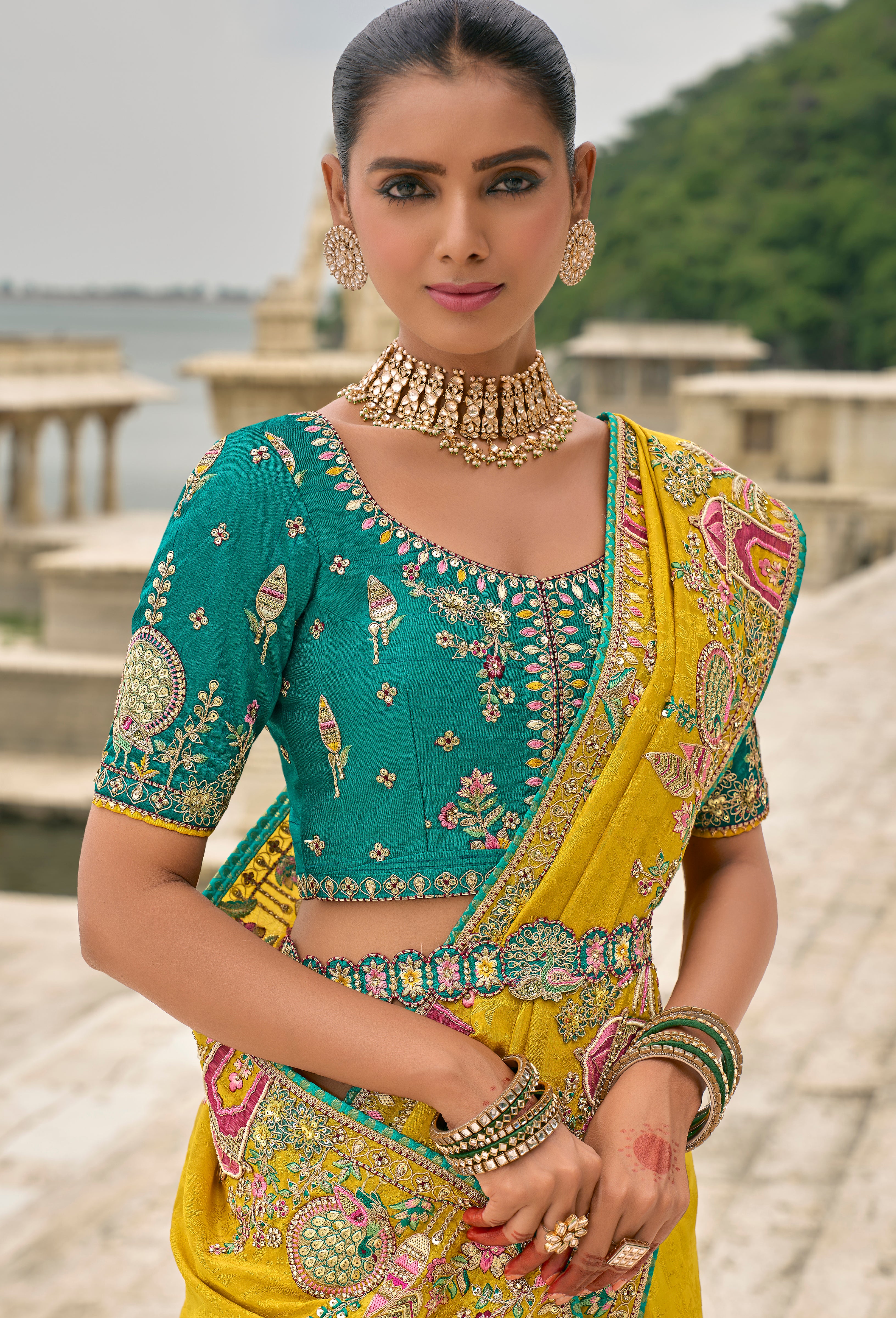 Mustard Jacquard Saree With  Heavy Thread Embroidery and Sequins Work