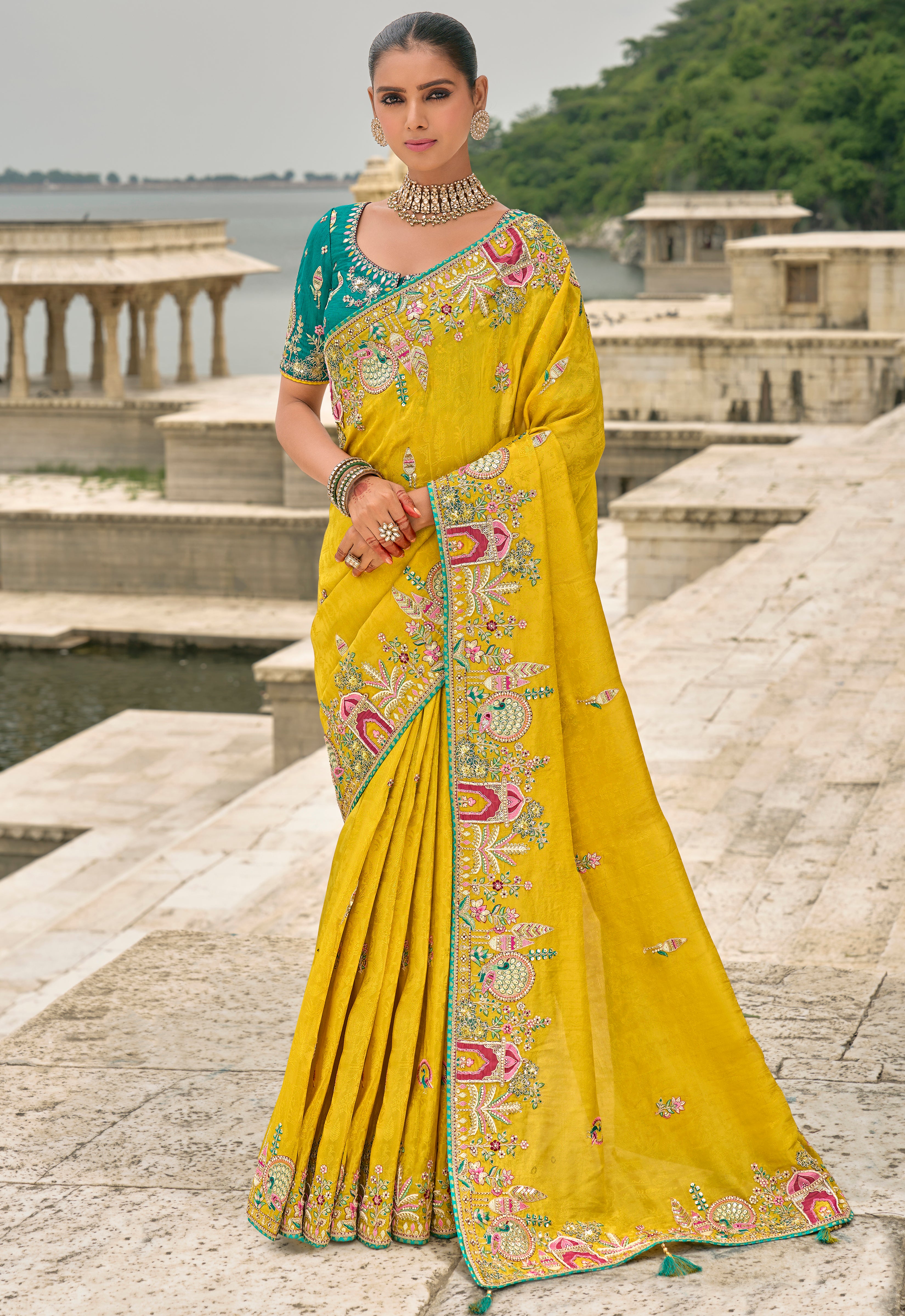 Mustard Jacquard Saree With  Heavy Thread Embroidery and Sequins Work