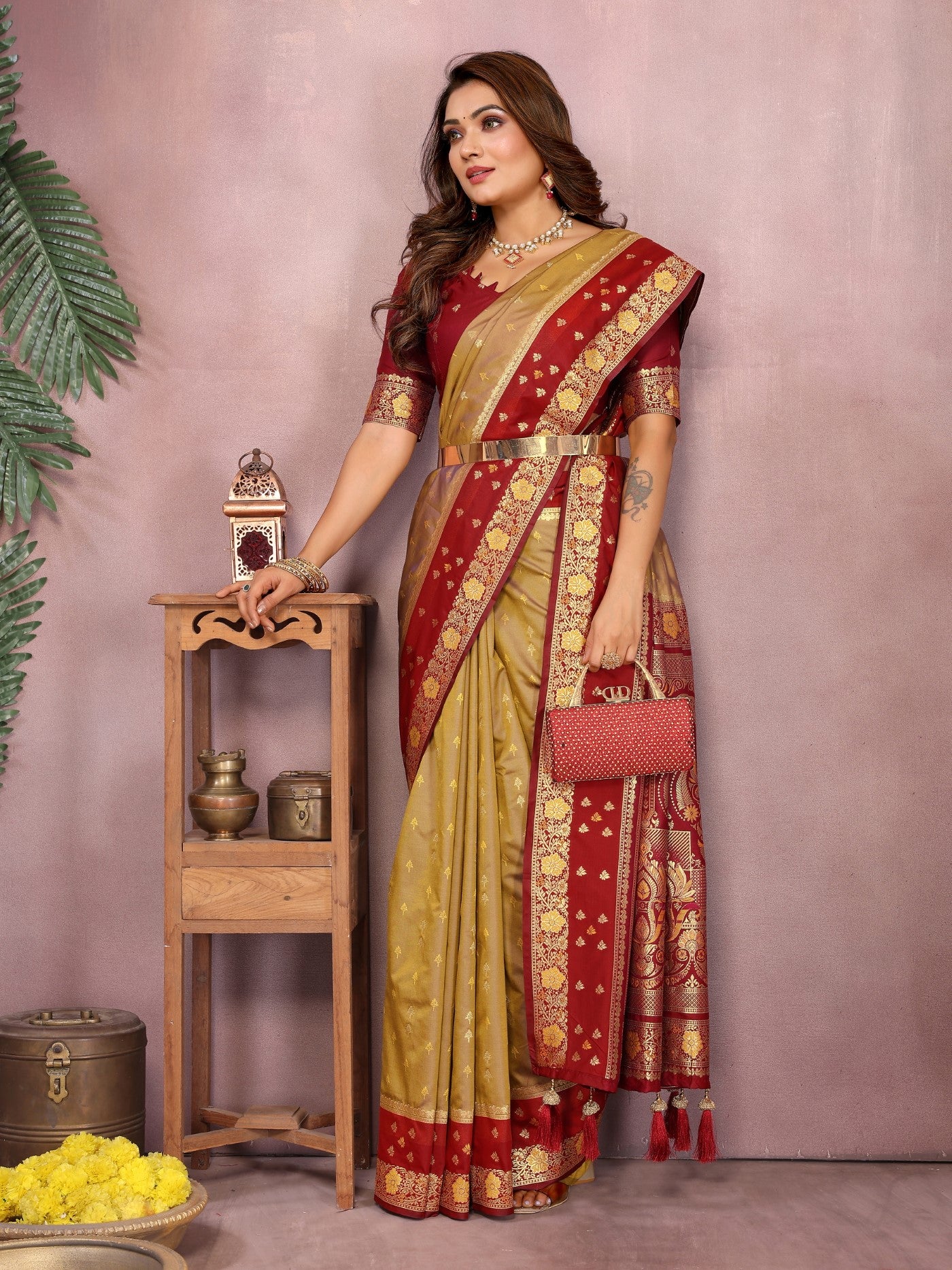 Mustard Kalamkari Silk Saree With Zari Woven
