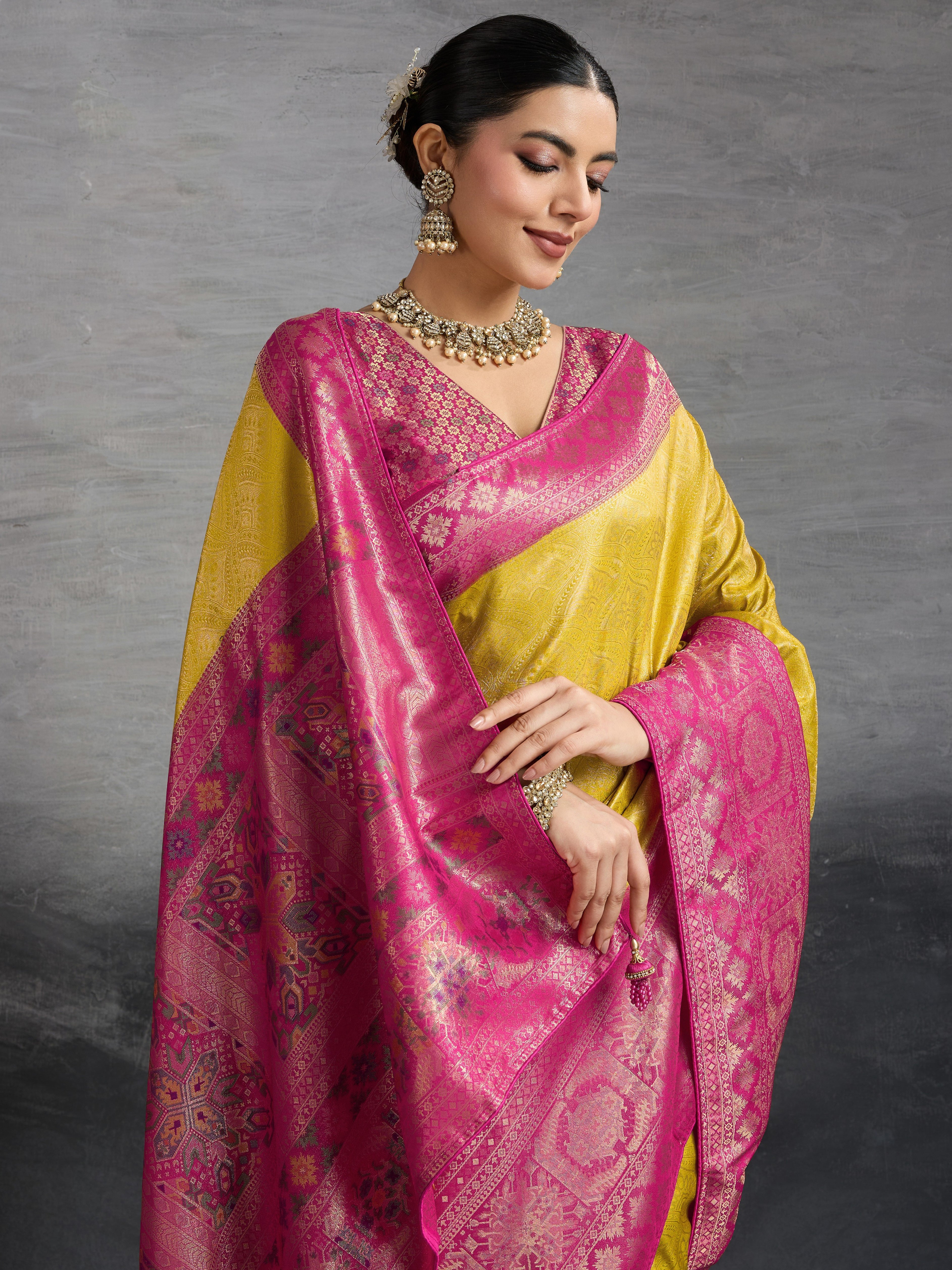 Mustard Kanjivaram Soft Silk Saree with Zari Patta and Meenakari Pallu