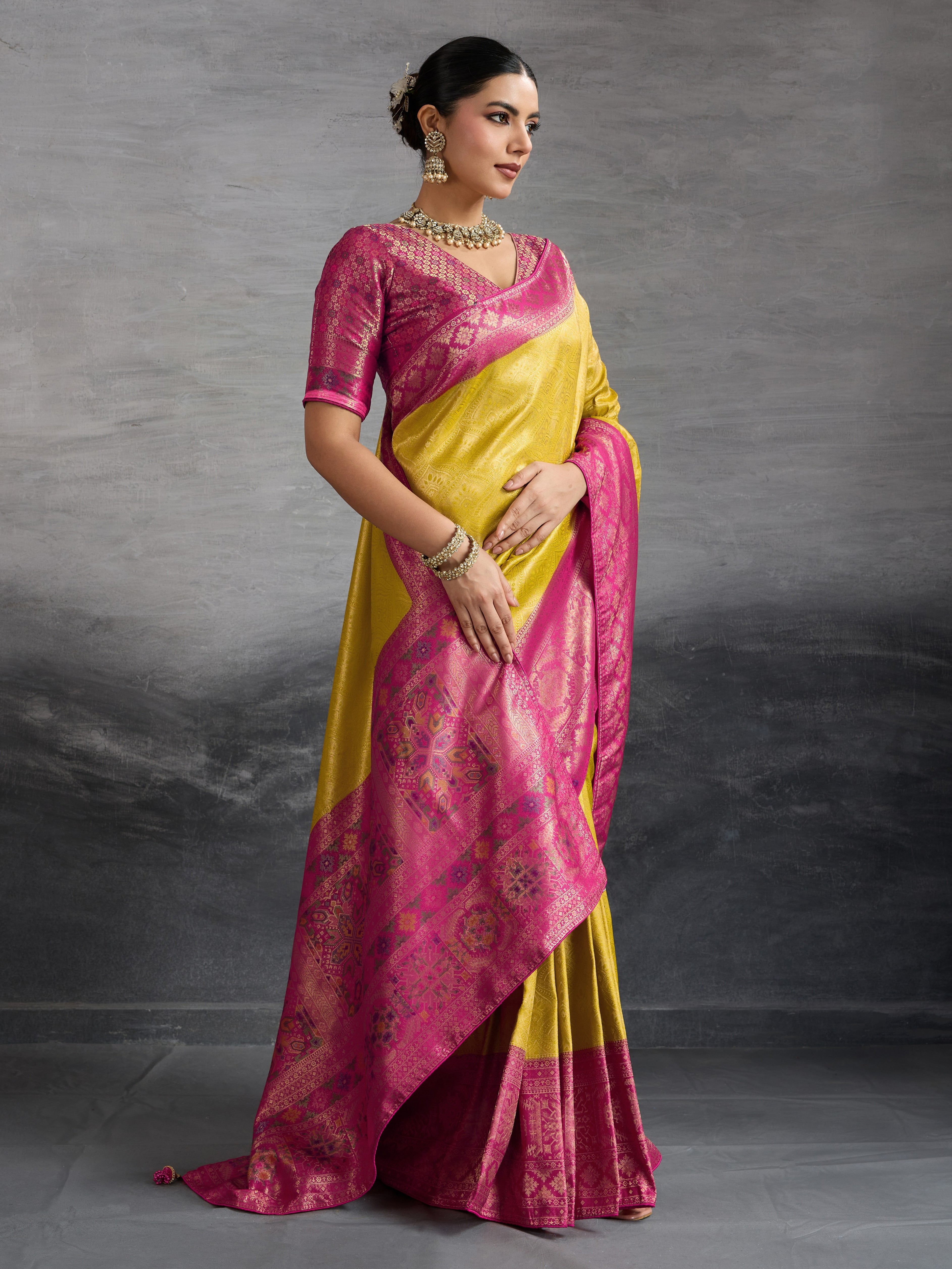 Mustard Kanjivaram Soft Silk Saree with Zari Patta and Meenakari Pallu