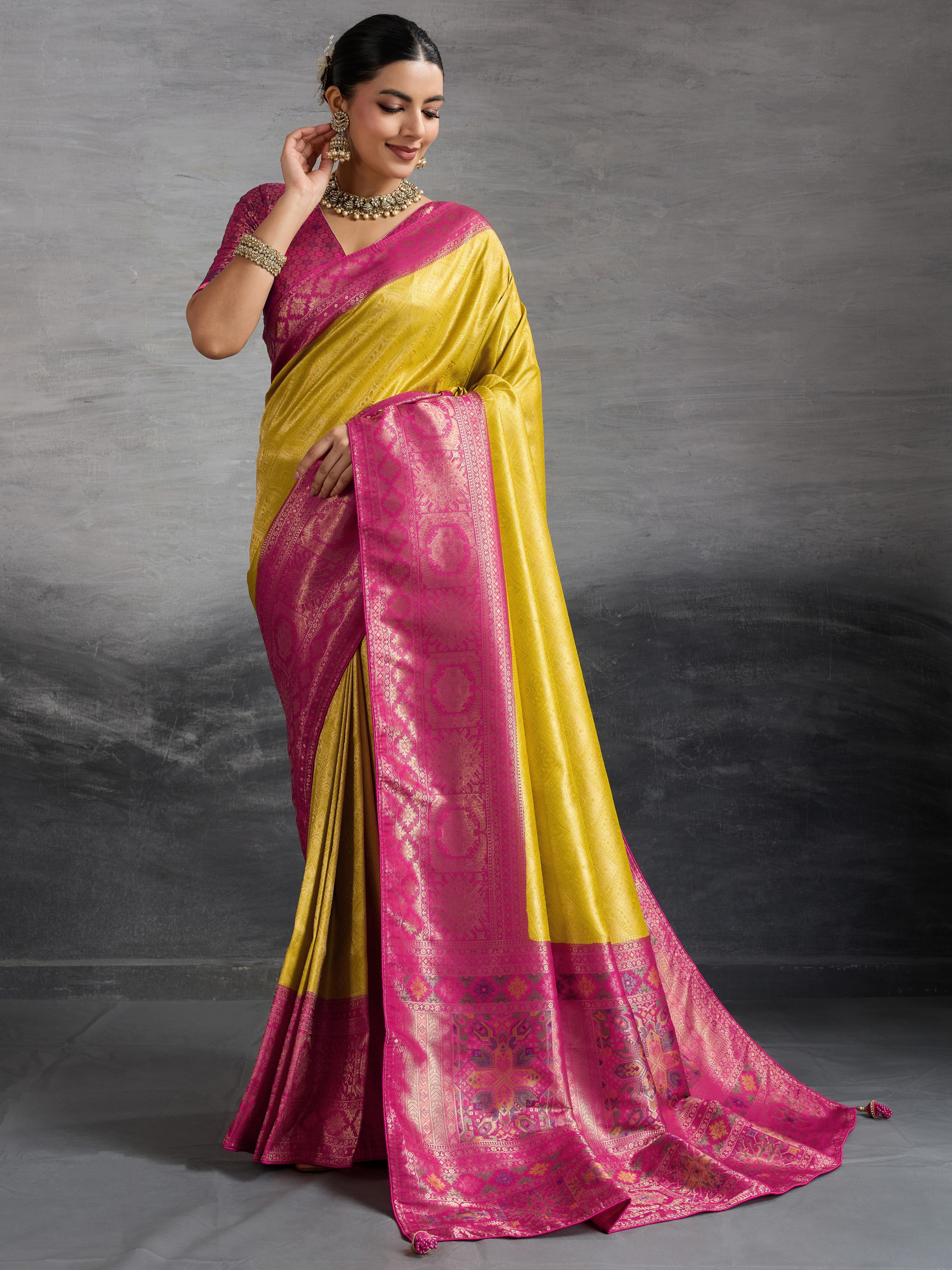 Mustard Kanjivaram Soft Silk Saree with Zari Patta and Meenakari Pallu