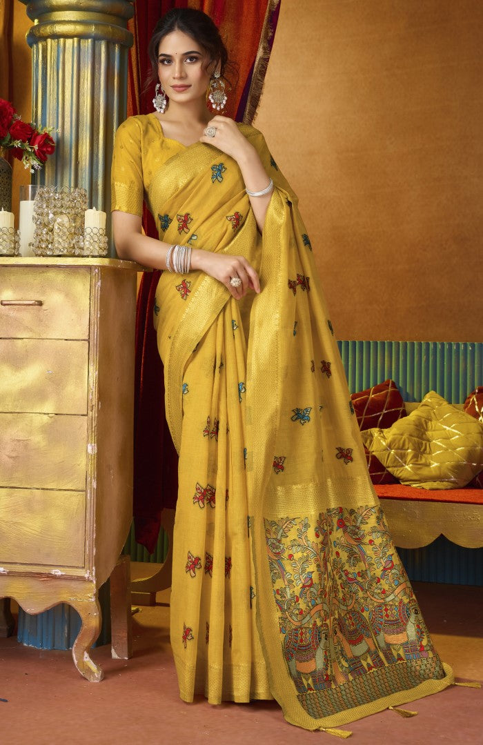 Mustard Katha Modal Saree with Elegant Mina Woven Work
