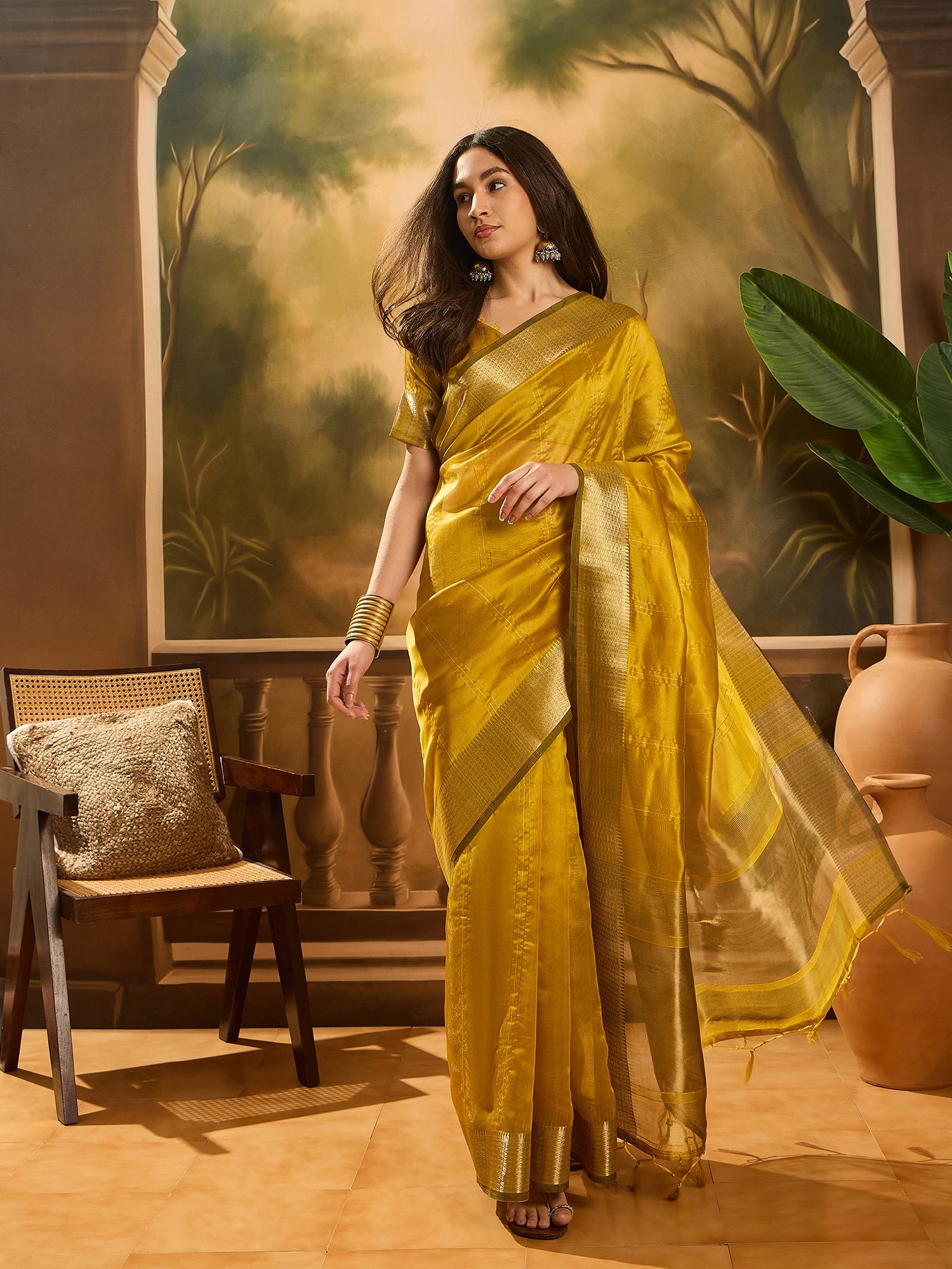 Mustard Khadi Organza Woven Jacquard Designer Ethnic Partywear Saree