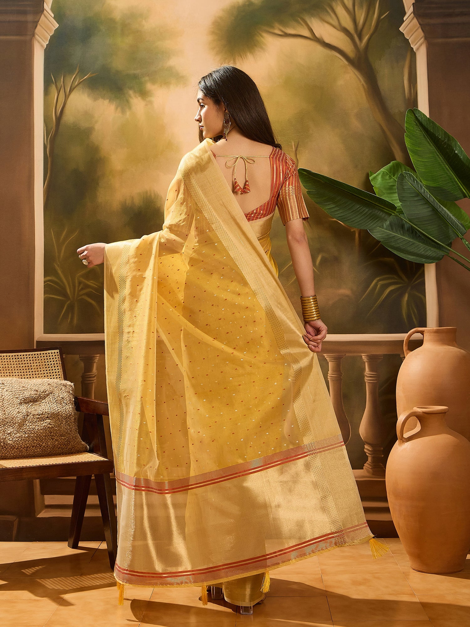 Mustard Khadi Organza Woven Jacquard Designer Ethnic Partywear Saree