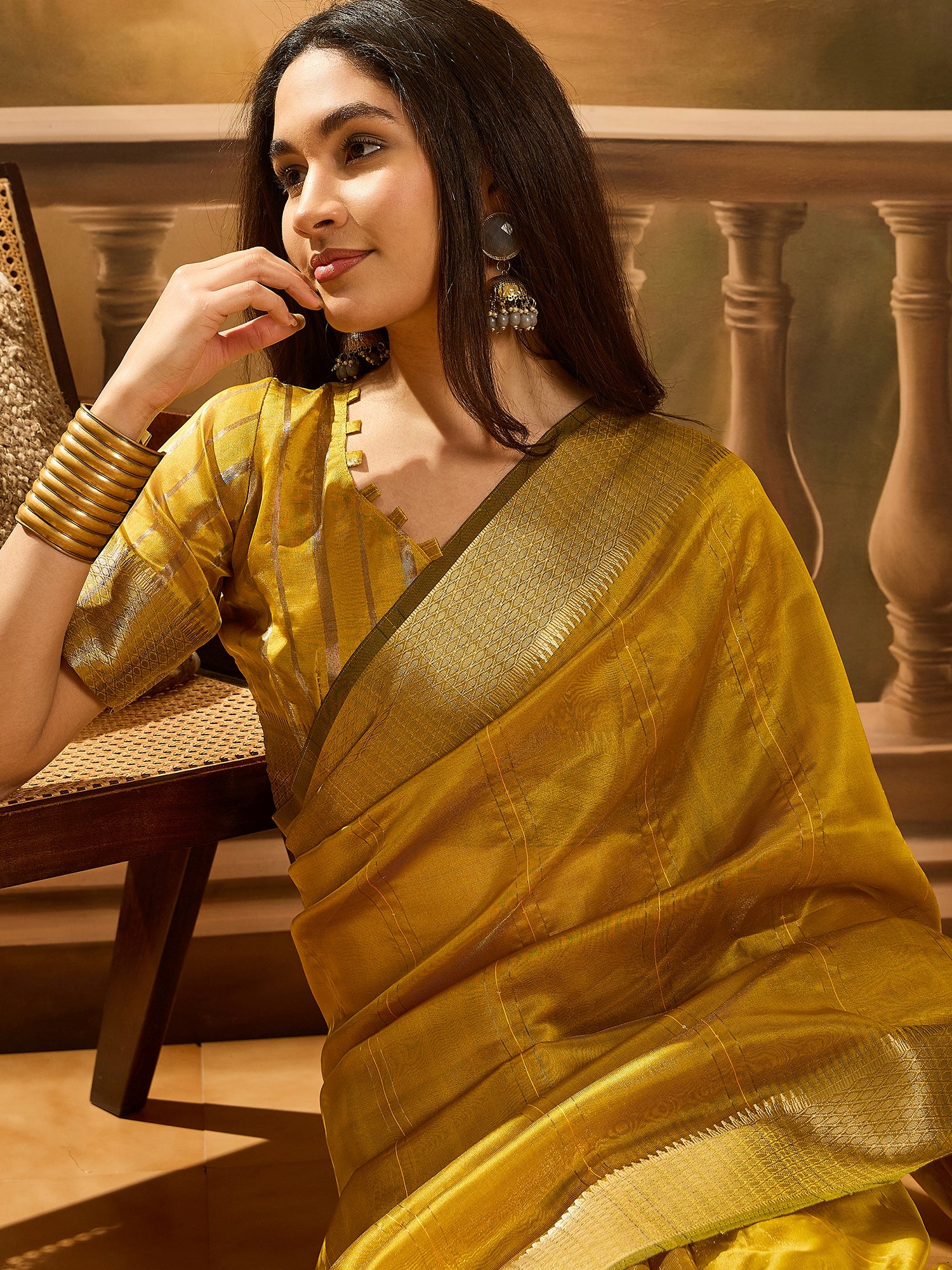 Mustard Khadi Organza Woven Jacquard Designer Ethnic Partywear Saree