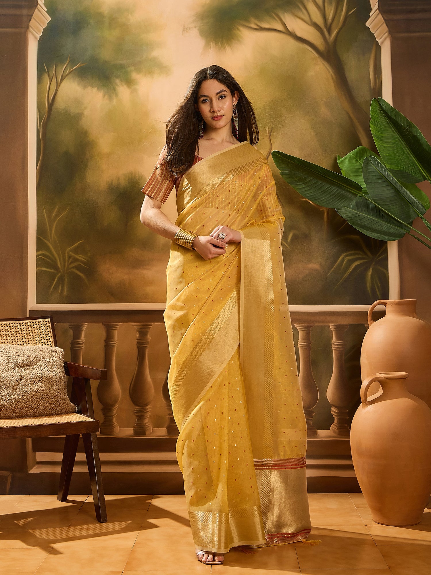 Mustard Khadi Organza Woven Jacquard Designer Ethnic Partywear Saree