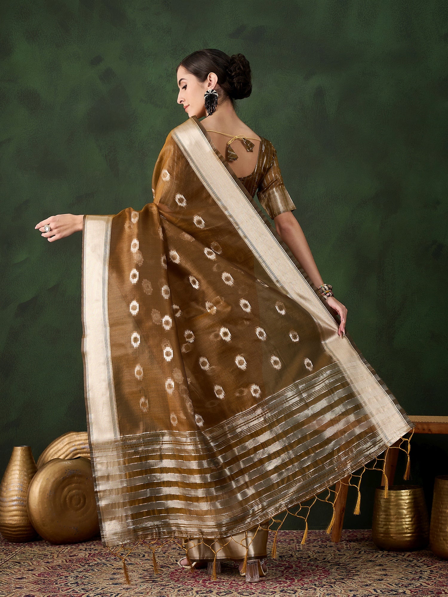Mustard Khadi Organza Woven Jacquard Designer Graceful Traditional Saree