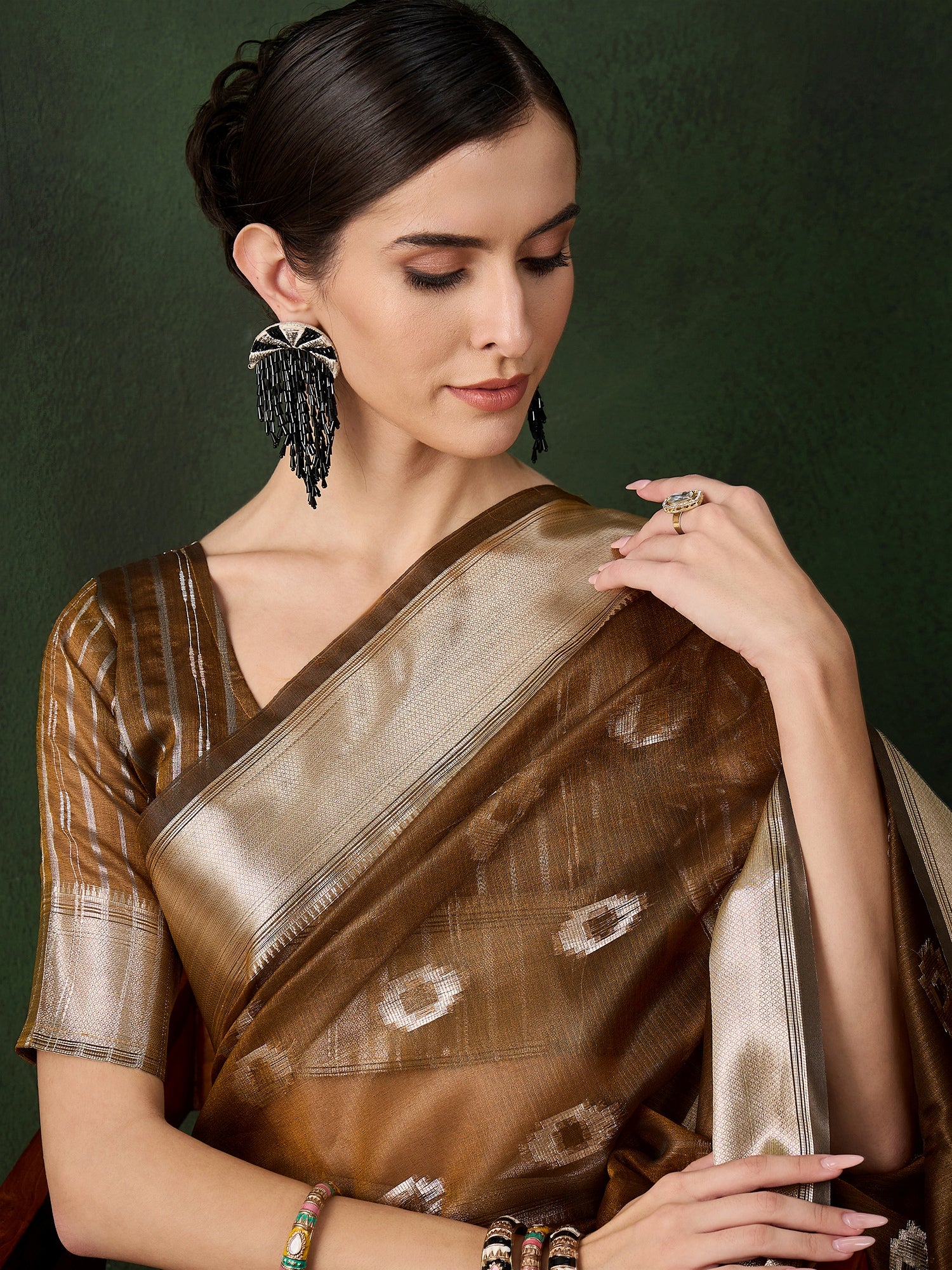 Mustard Khadi Organza Woven Jacquard Designer Graceful Traditional Saree