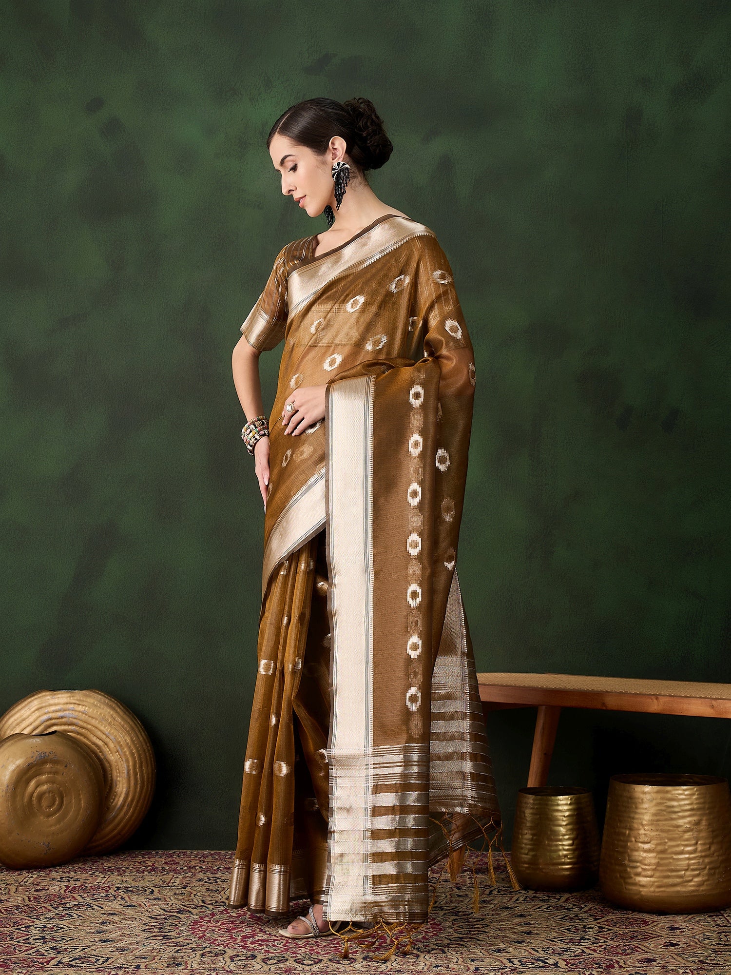Mustard Khadi Organza Woven Jacquard Designer Graceful Traditional Saree