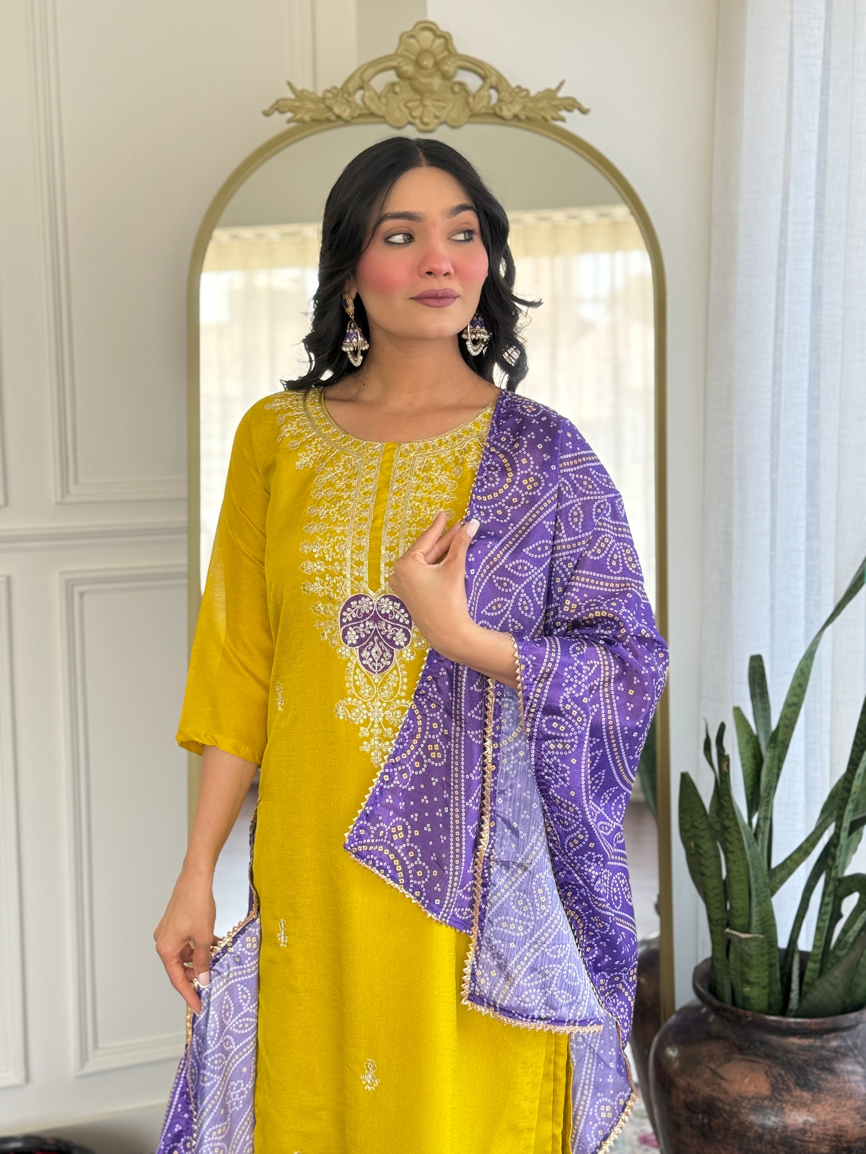 Mustard Kurta Pant Set With Heavy Thread Embroidery Sequins Work With Printed Dupatta