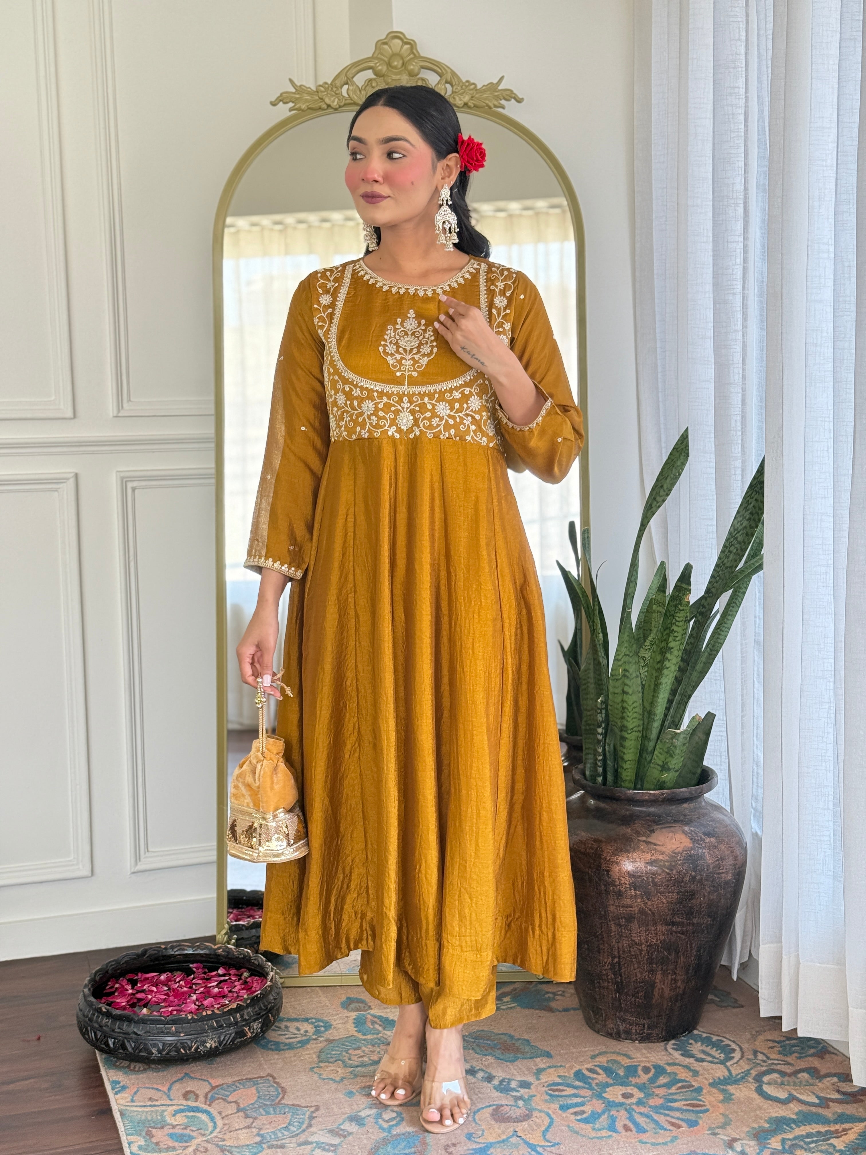 Mustard Kurta Pant Set With Heavy Thread Embroidery Sequins Work