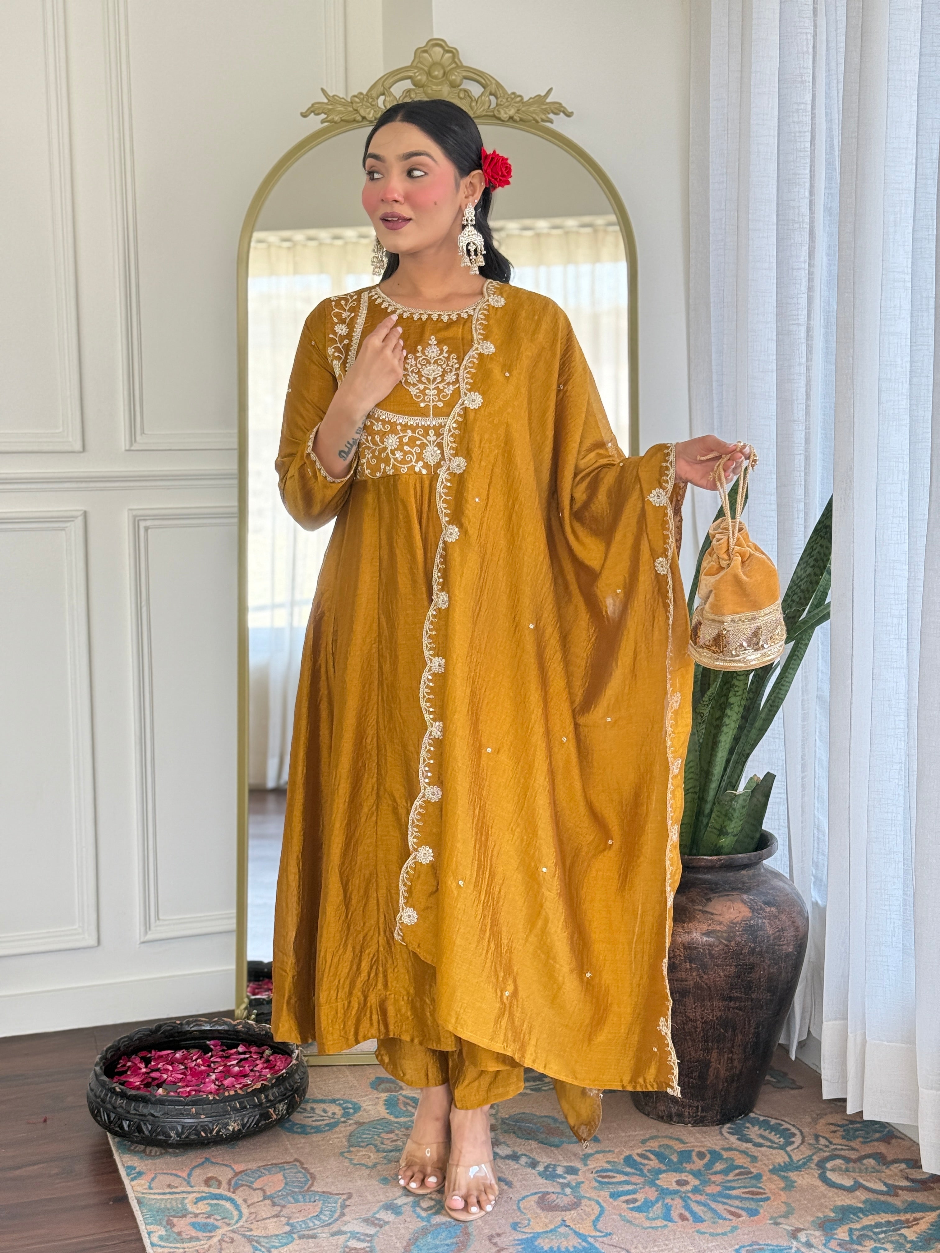 Mustard Kurta Pant Set With Heavy Thread Embroidery Sequins Work