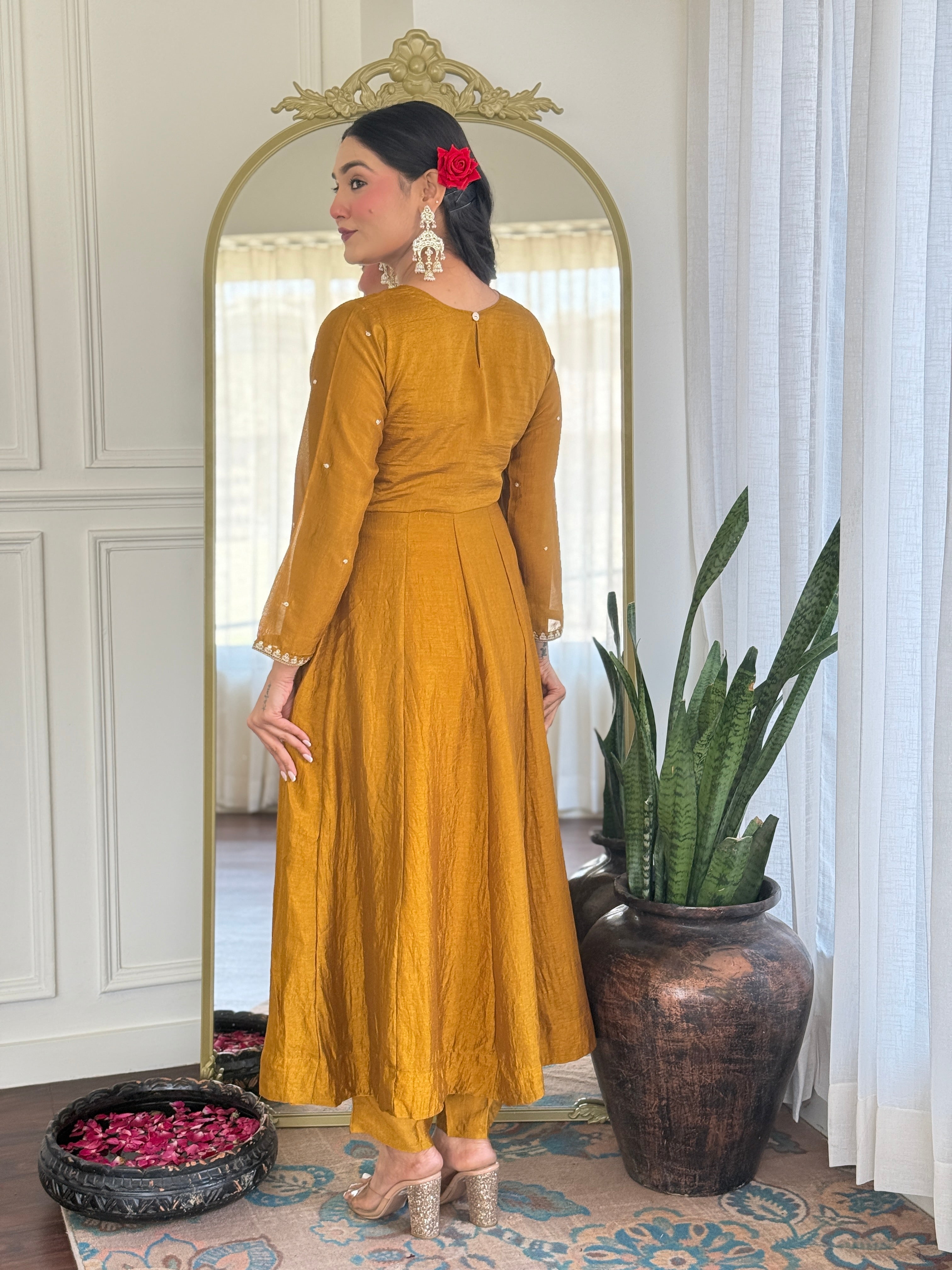 Mustard Kurta Pant Set With Heavy Thread Embroidery Sequins Work
