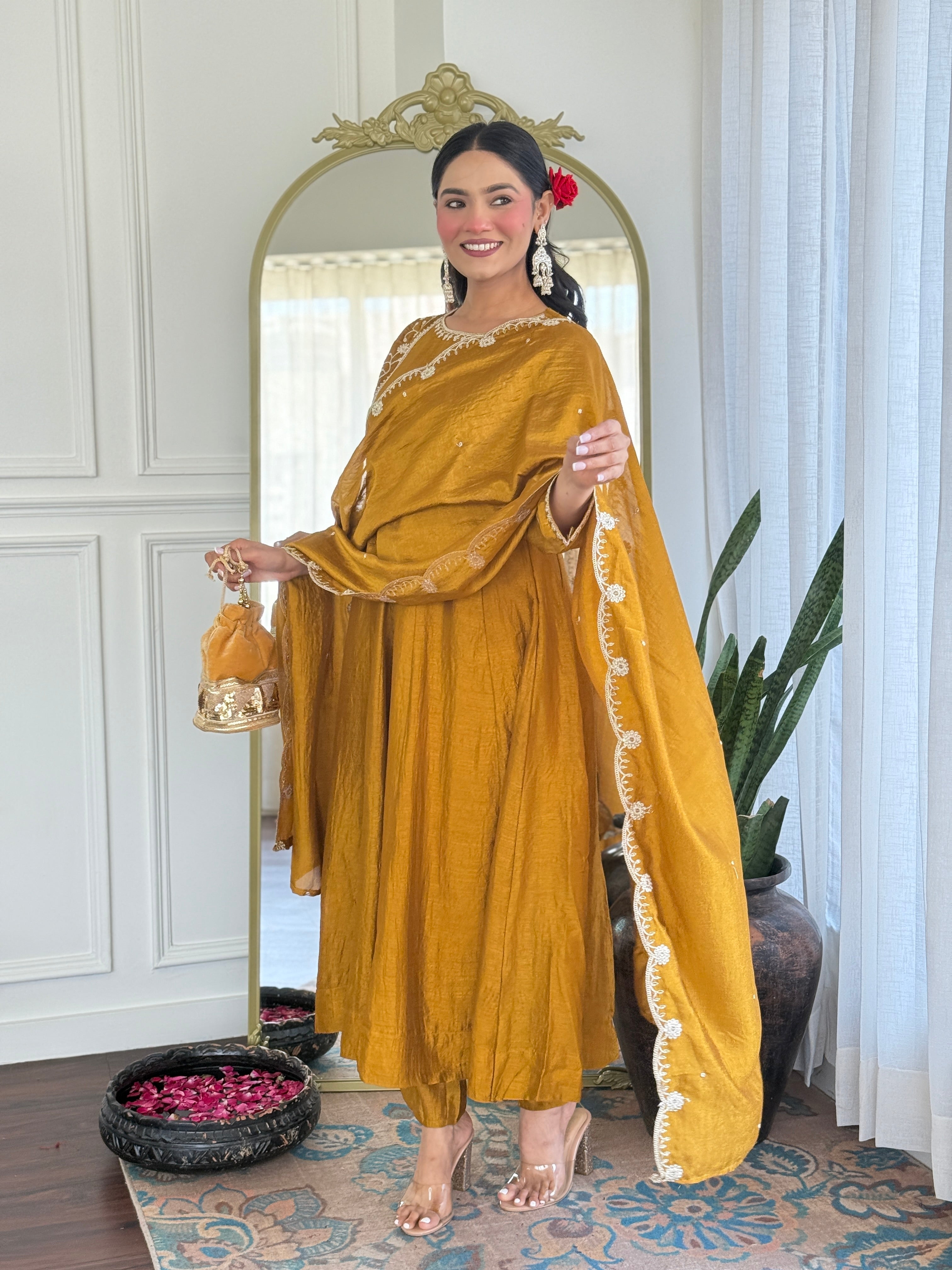 Mustard Kurta Pant Set With Heavy Thread Embroidery Sequins Work