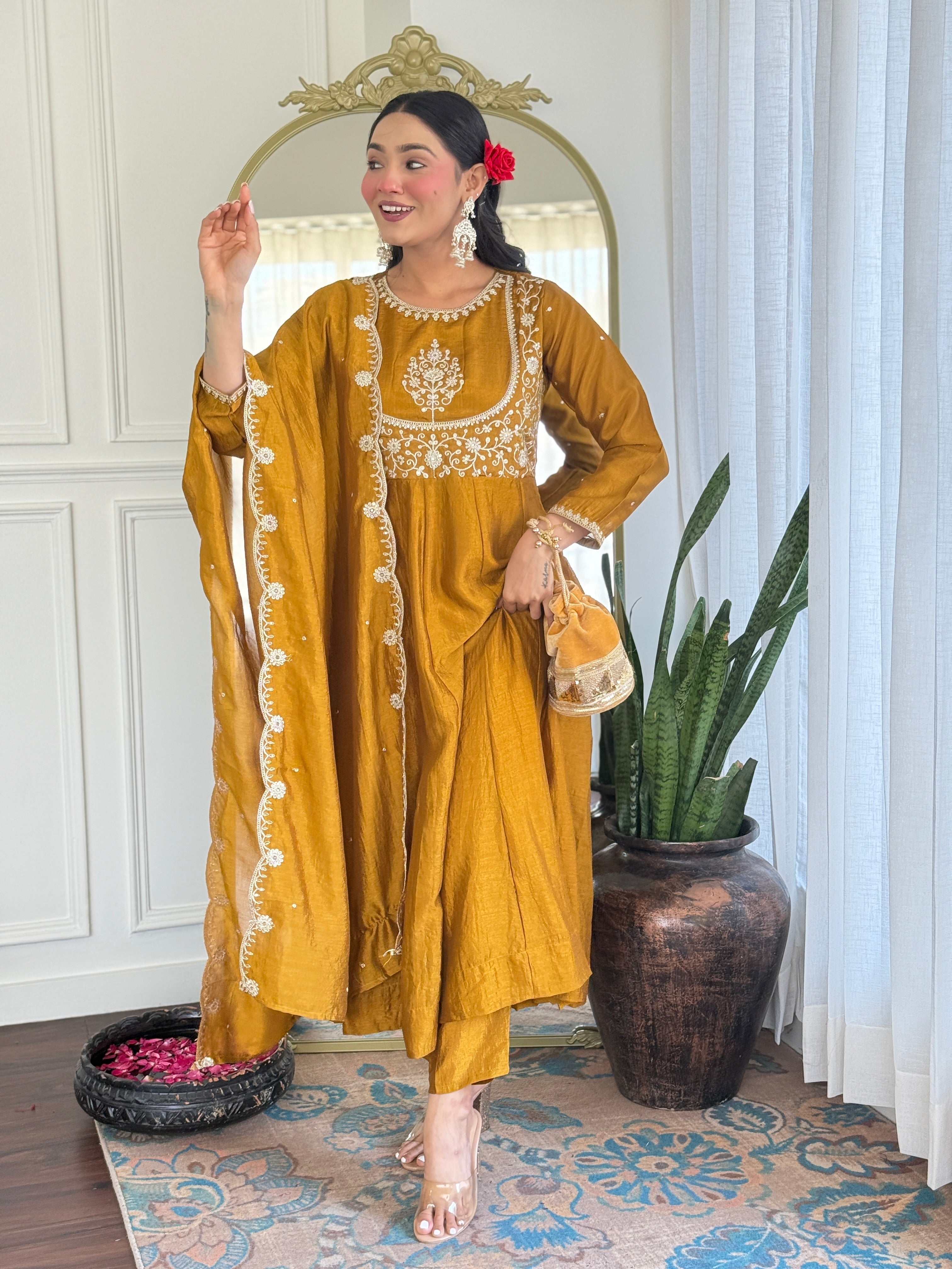 Mustard Kurta Pant Set With Heavy Thread Embroidery Sequins Work