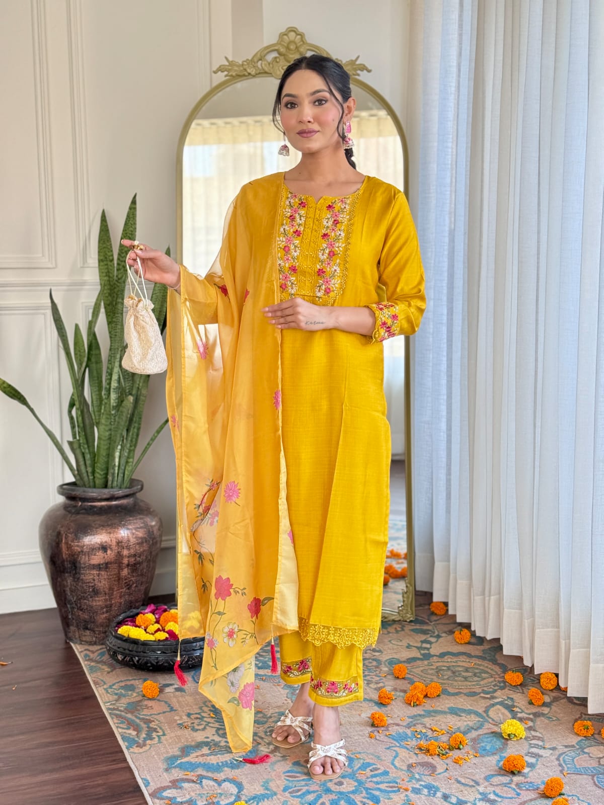 Mustard Kurta Pant Set With Heavy Thread Embroidery Work With Printed Dupatta