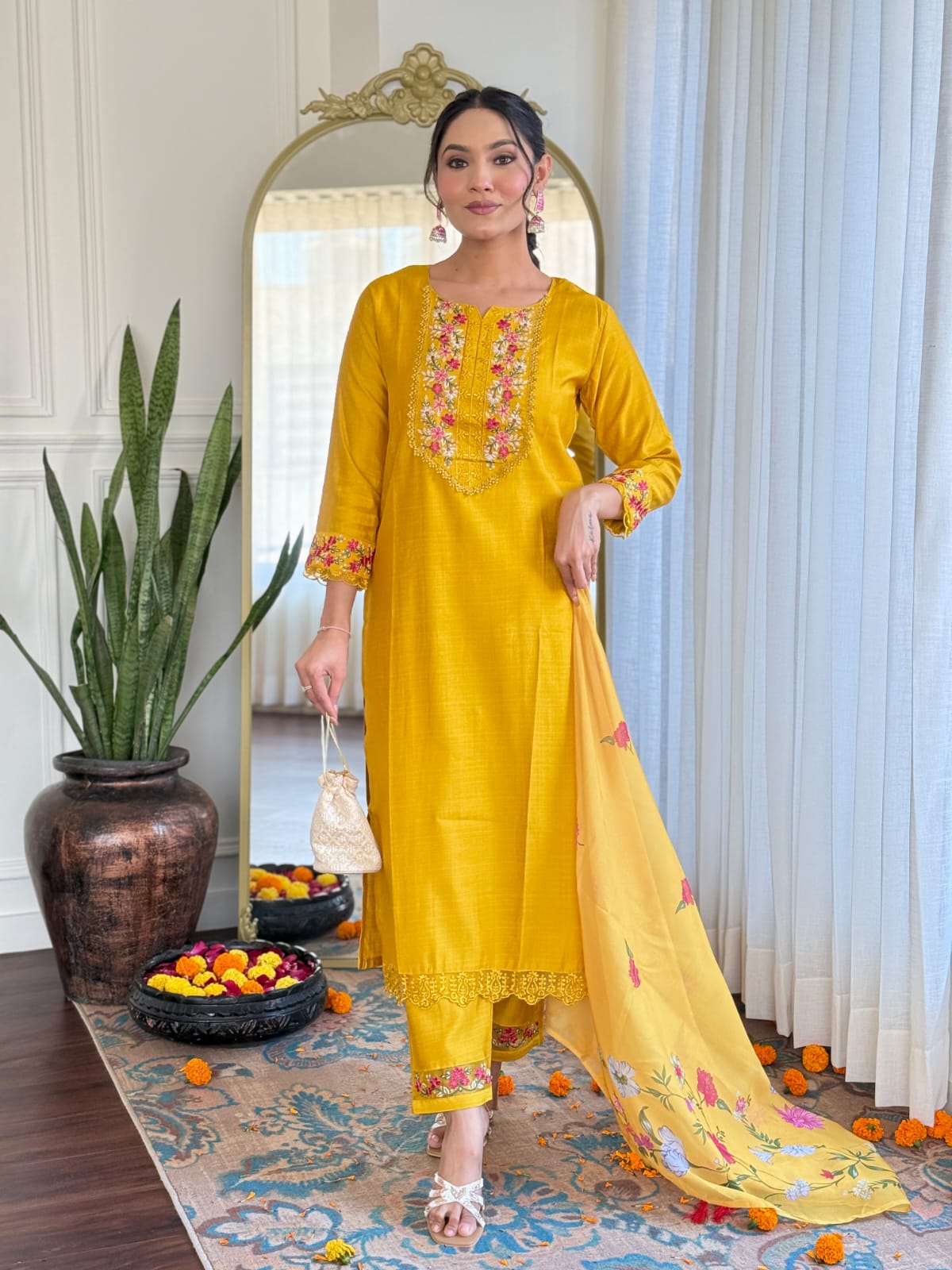 Mustard Kurta Pant Set With Heavy Thread Embroidery Work With Printed Dupatta