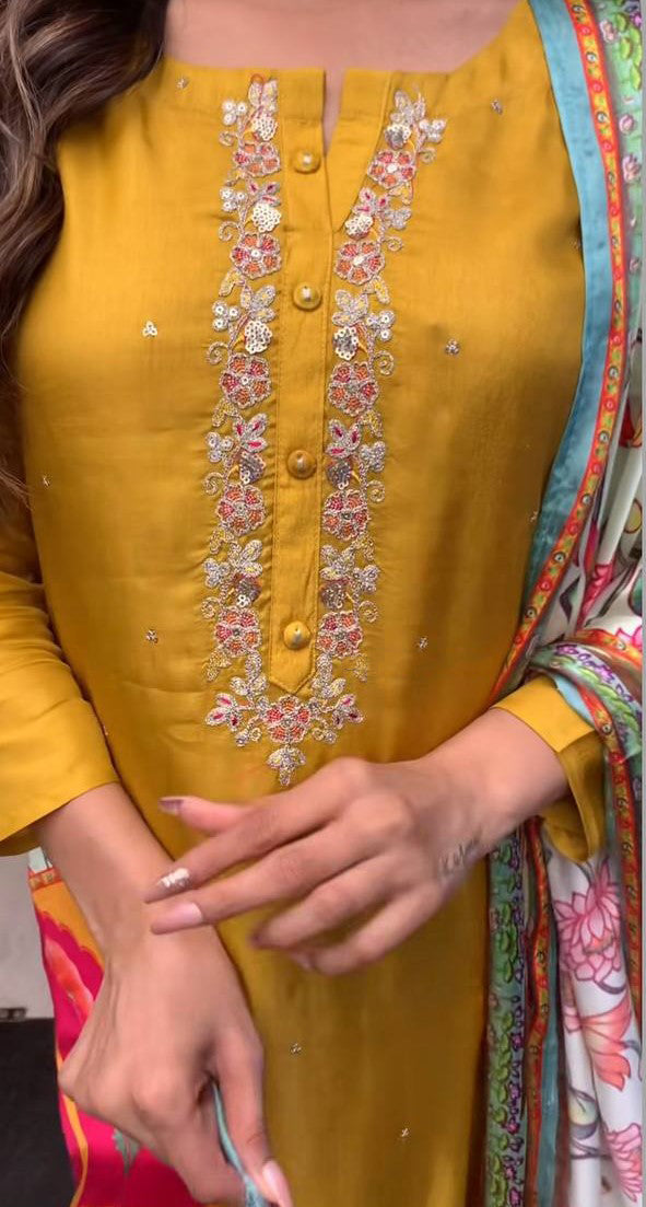 Mustard Kurta Pant Set With Heavy Thread Embroidery Work With Printed Dupatta