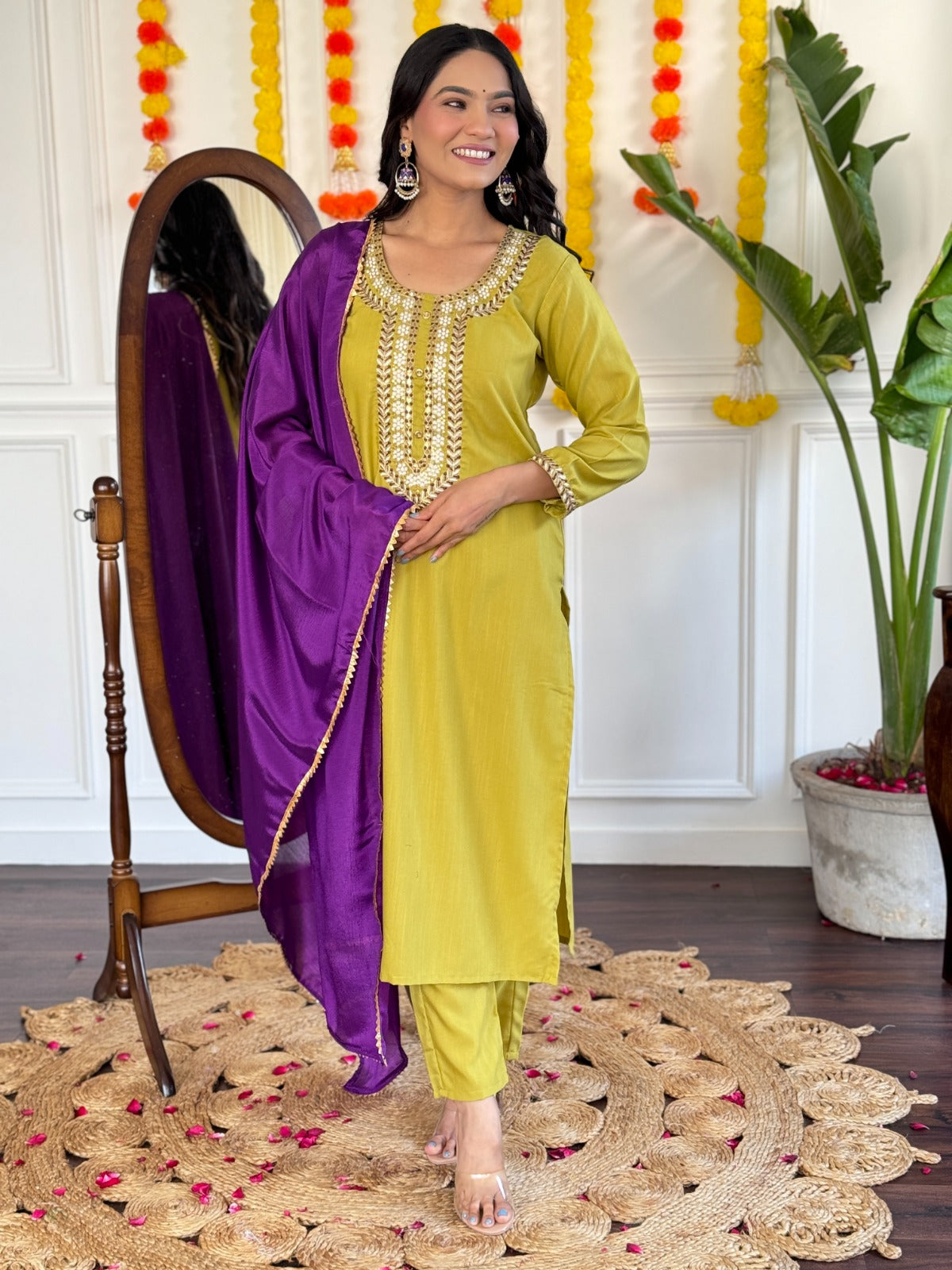 Mustard Kurta Pant Set with Heavy Thread Embroidery Work
