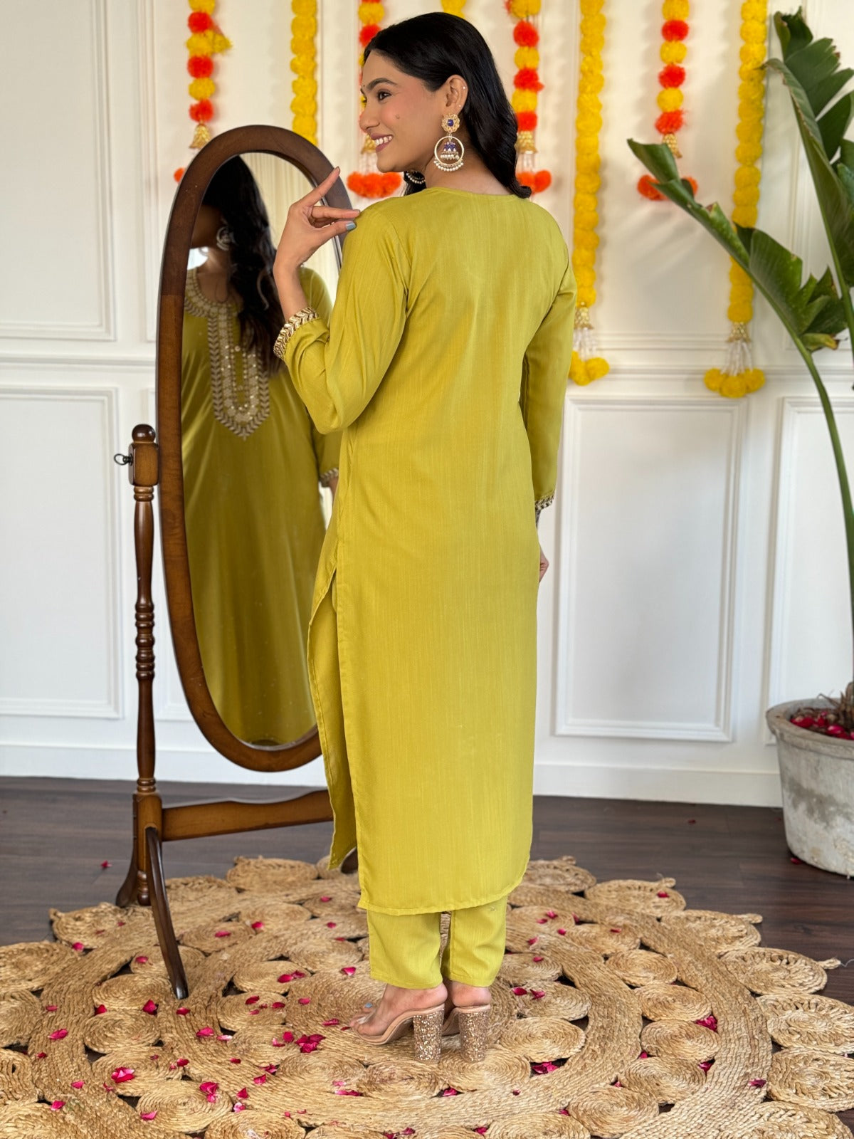 Mustard Kurta Pant Set with Heavy Thread Embroidery Work