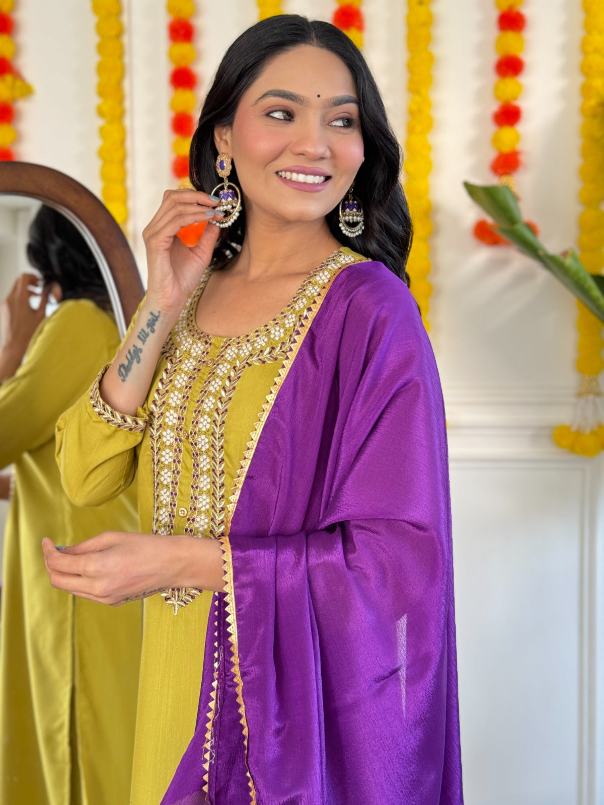 Mustard Kurta Pant Set with Heavy Thread Embroidery Work