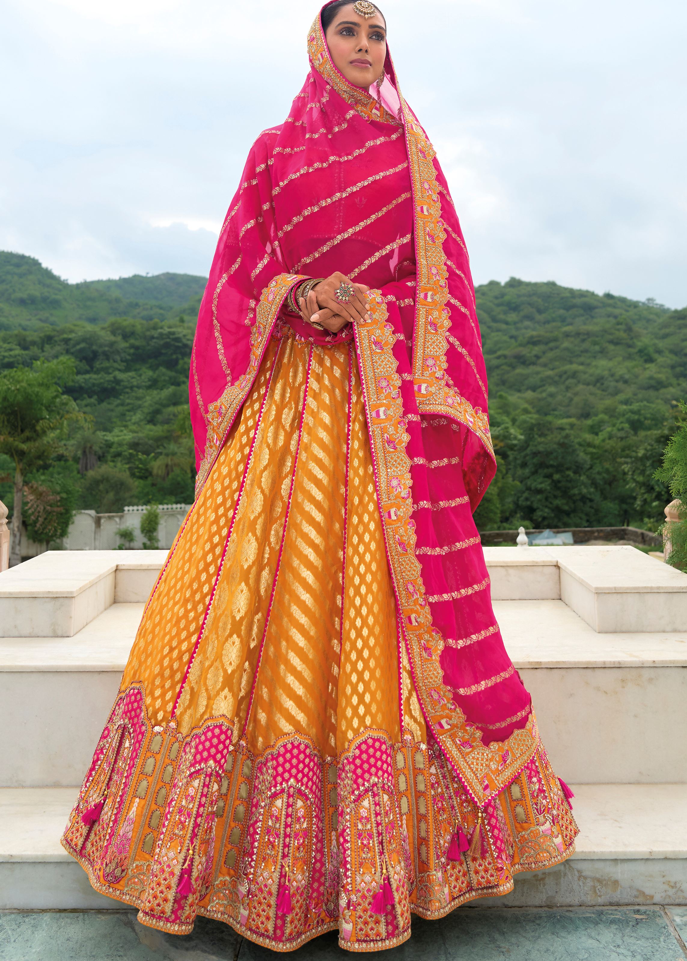 Mustard Lehenga Choli With Heavy Thread Embroidery, Khatli With Sequins Work