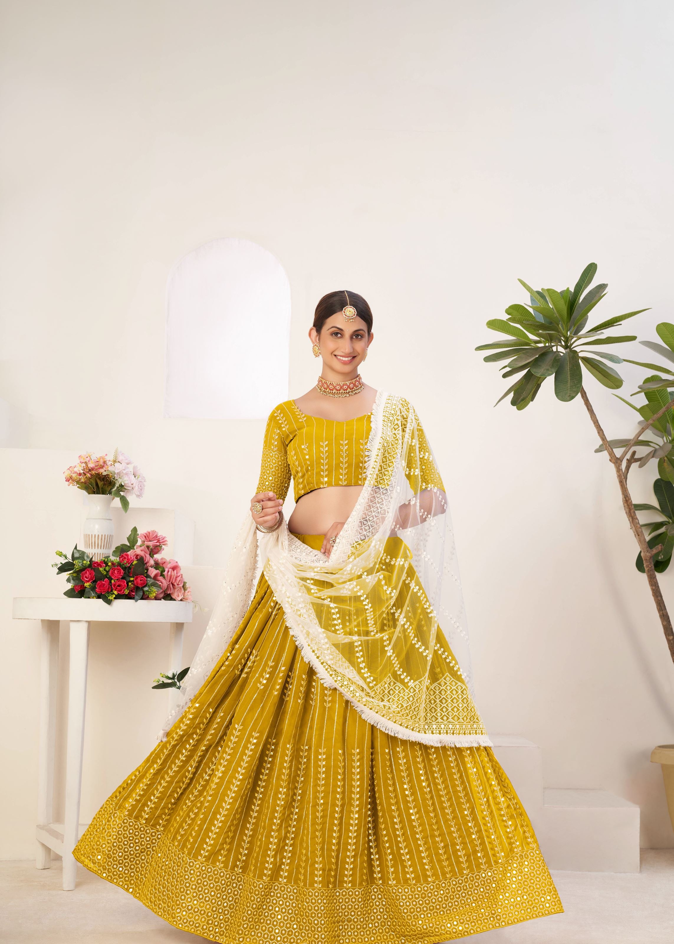 Mustard Lehenga Choli With Sequins Embroidered Work