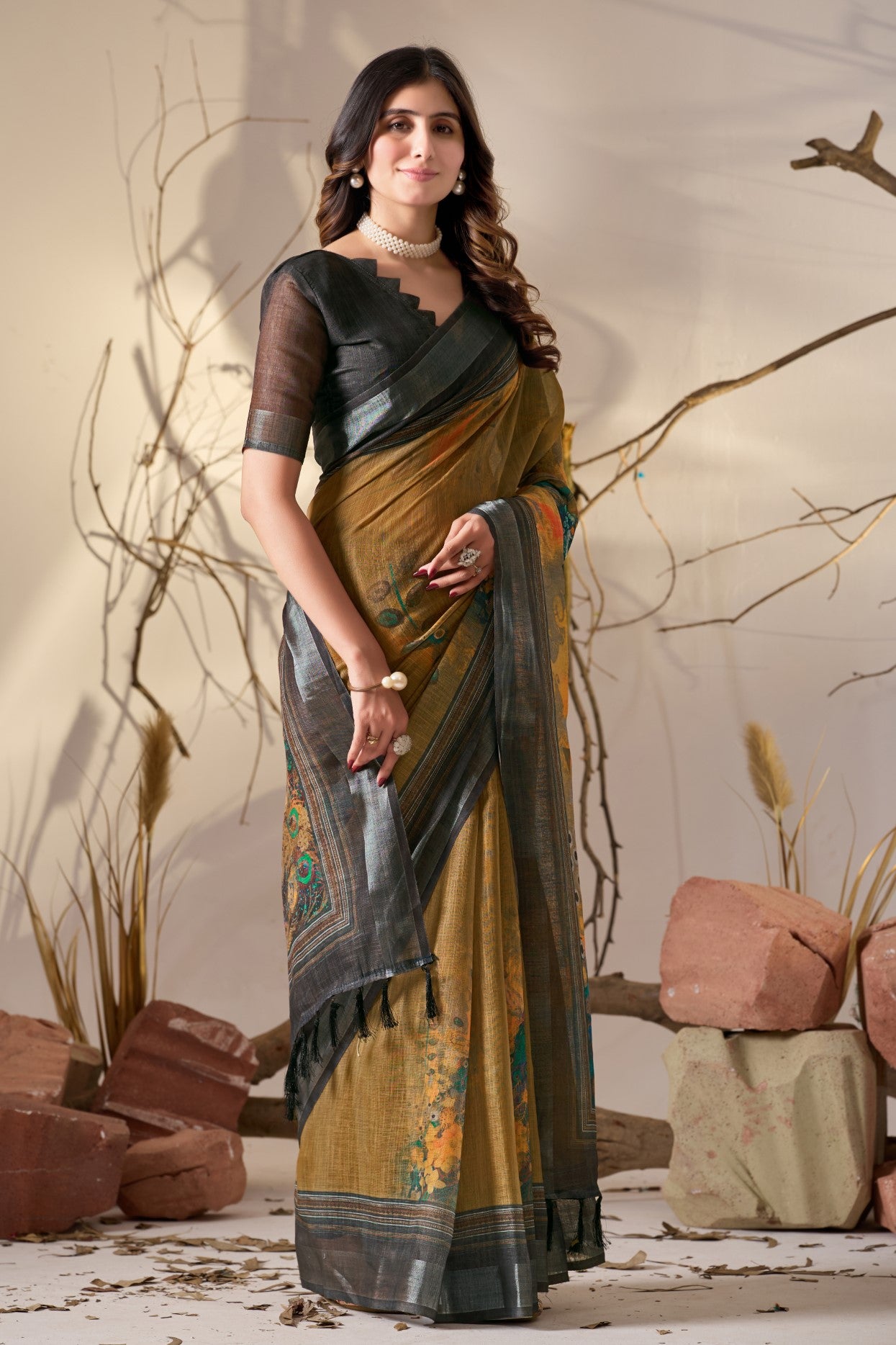Mustard Linen Cotton Saree With Digital Printed Festive Traditional Saree