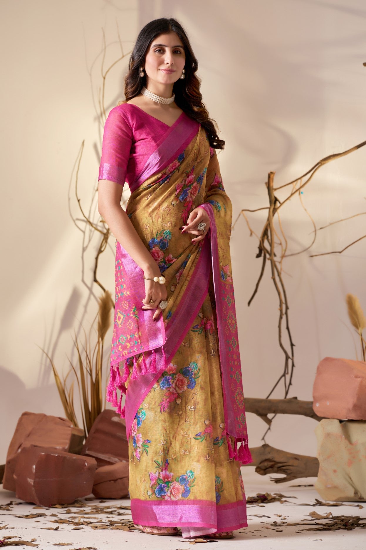 Mustard Linen Cotton Saree with Digital Print