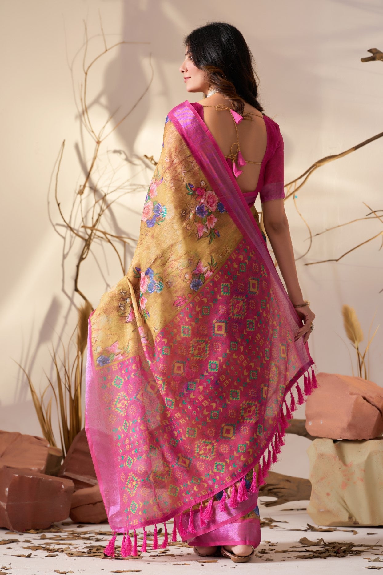 Mustard Linen Cotton Saree with Digital Print