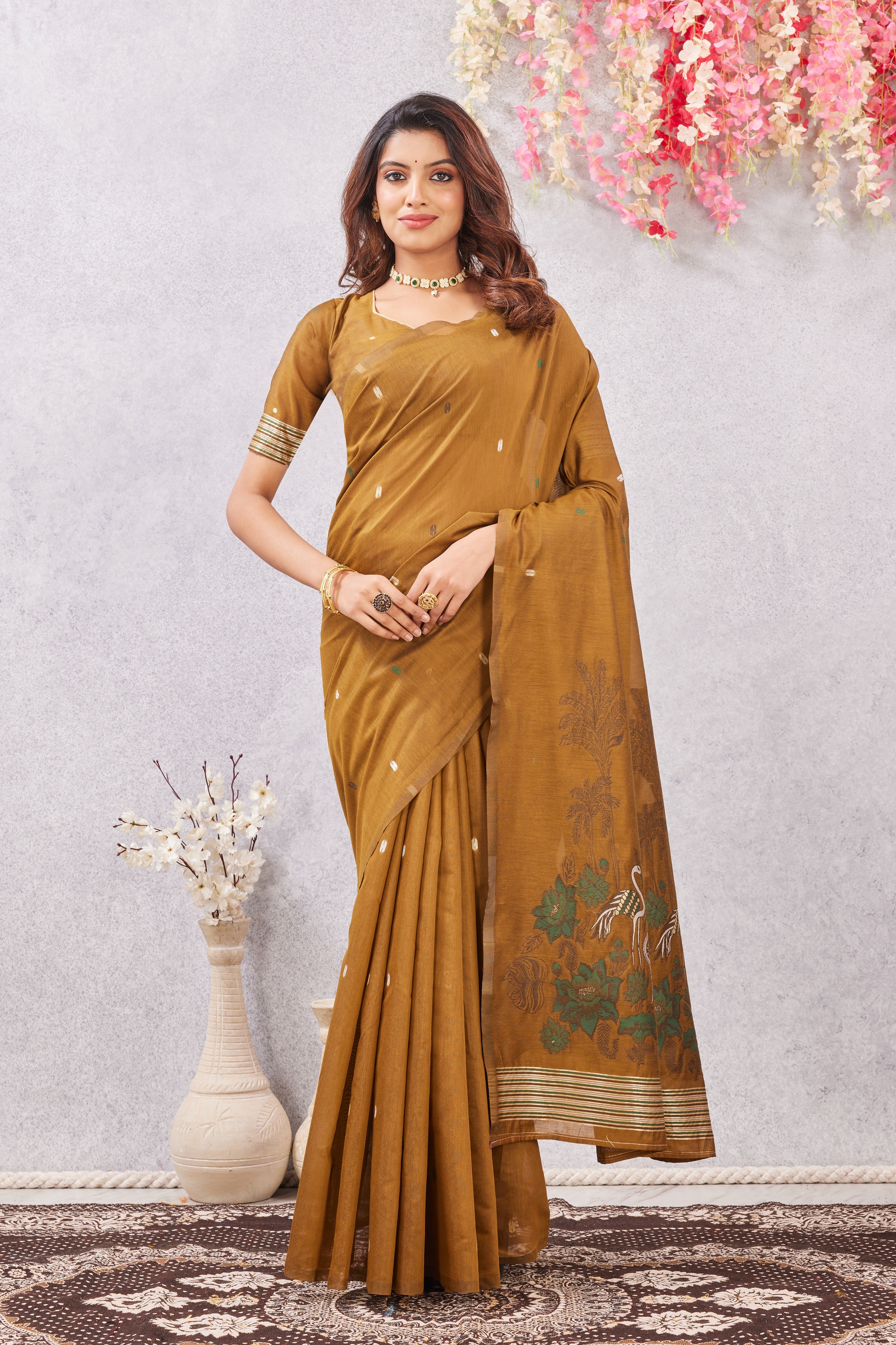 Mustard Linen Cotton Saree with Ethnic Motif Design & Rich Jacquard Pallu