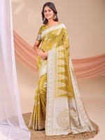Mustard Linen Cotton Woven Jacquard Designer Beautiful Partywear Saree