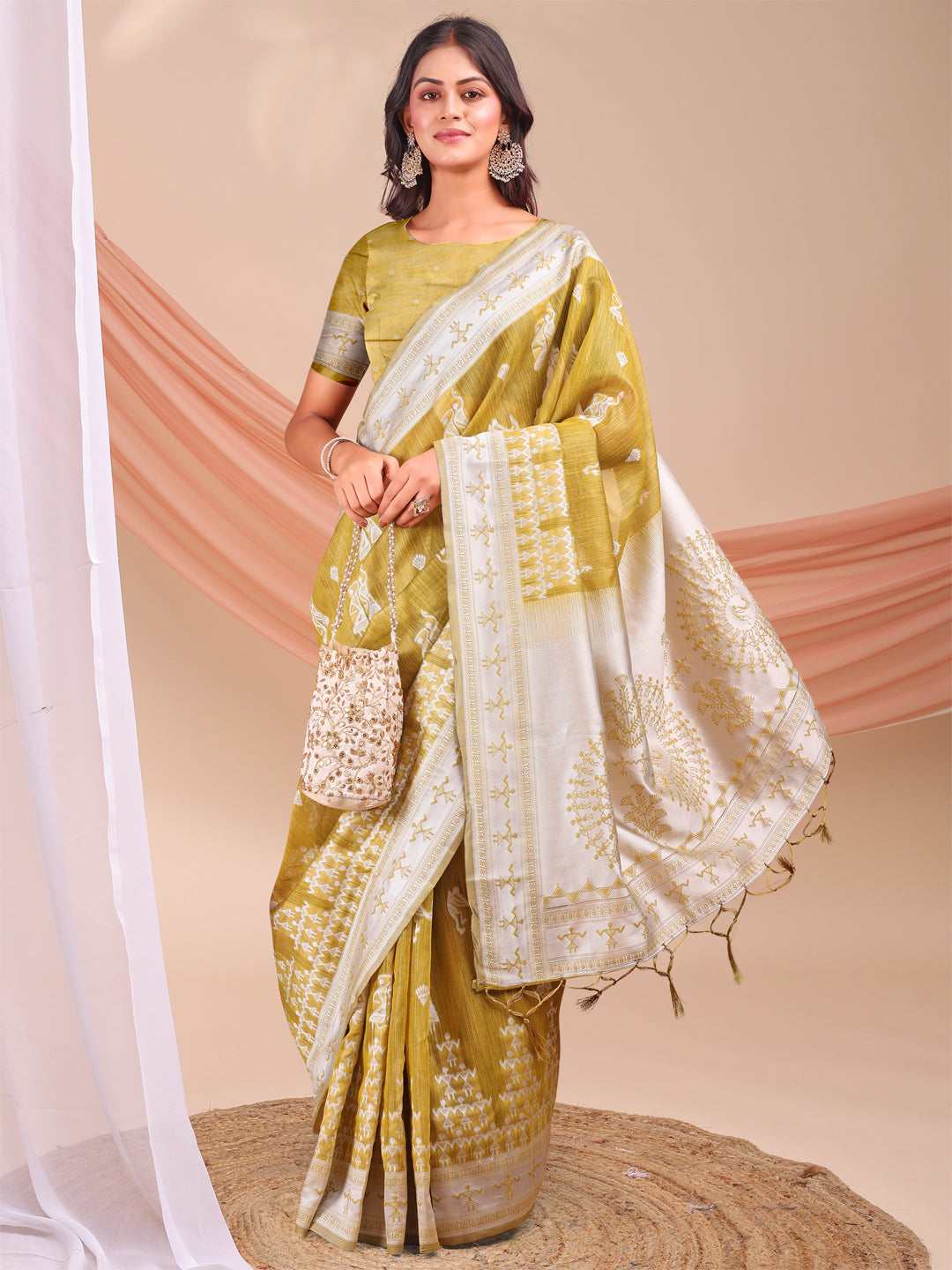 Mustard Linen Cotton Woven Jacquard Designer Beautiful Partywear Saree