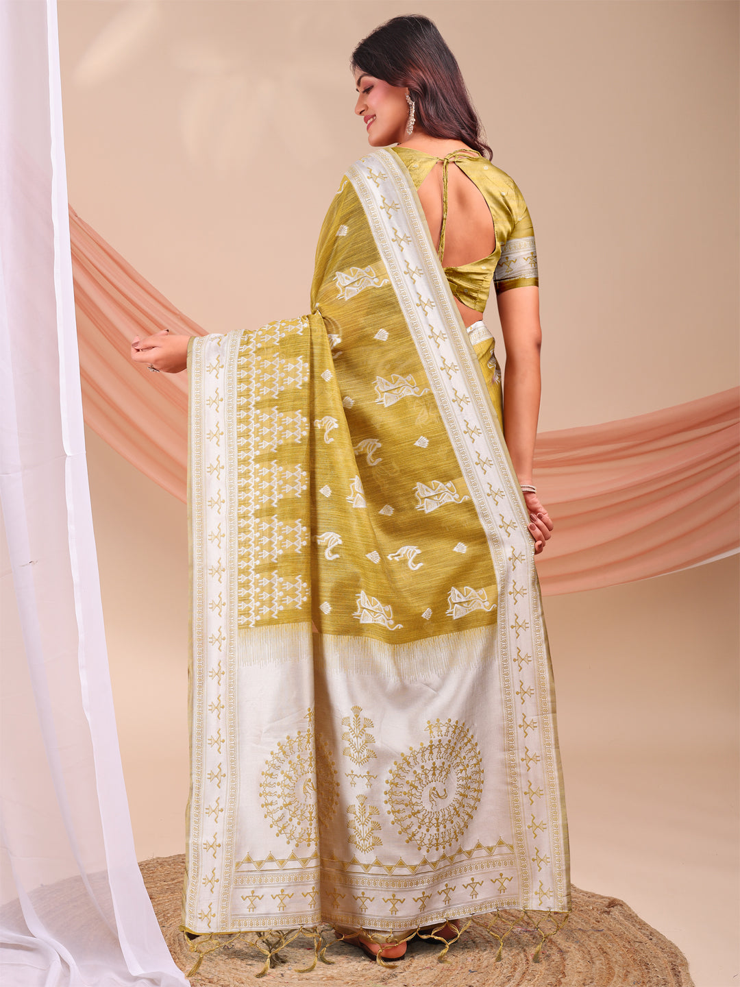 Mustard Linen Cotton Woven Jacquard Designer Beautiful Partywear Saree