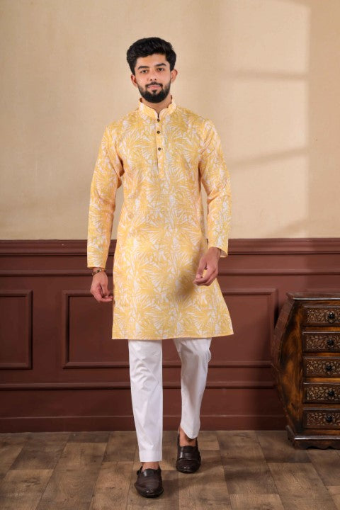 Mustard Linen Digital Printed Graceful Kurta Pajama
