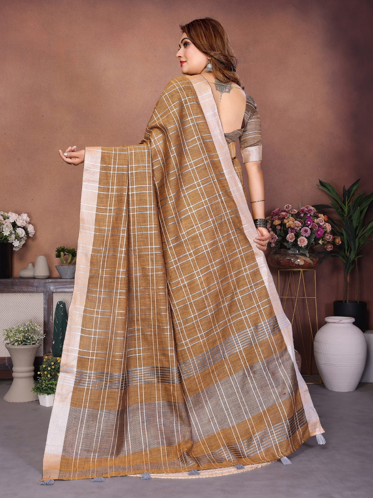 Mustard Linen Saree With Traditional Weaving