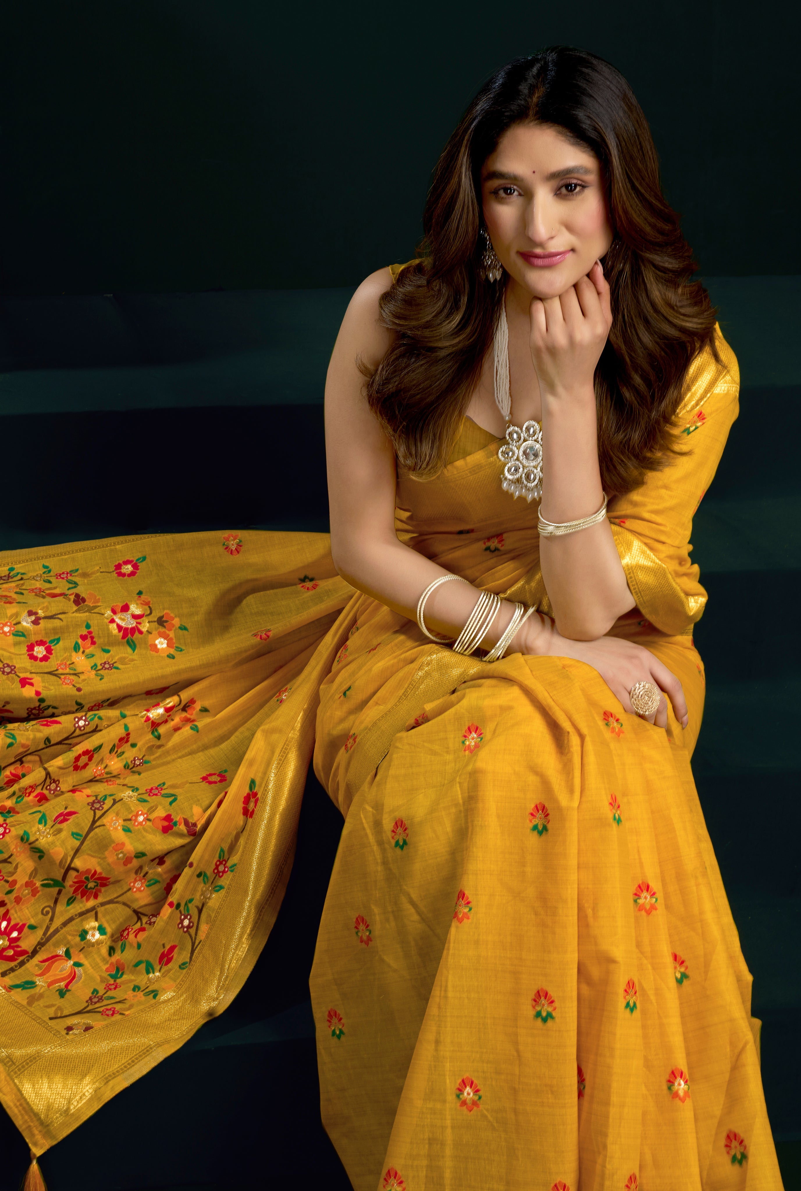 Mustard Munga Cotton Saree with Rich Mina Work & Pom Pom Finish