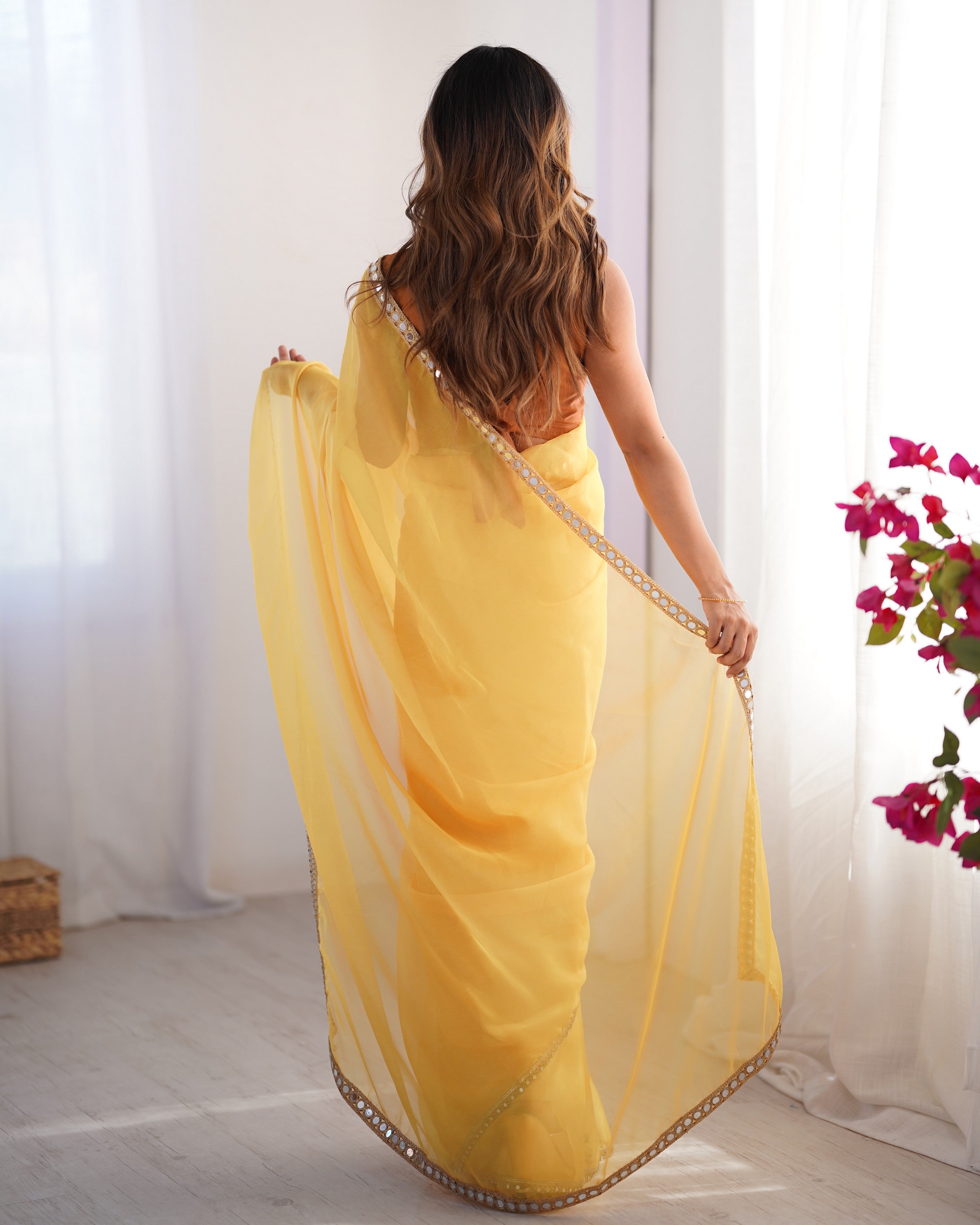 Mustard Organza Embroidery Work Lace Partywear Saree