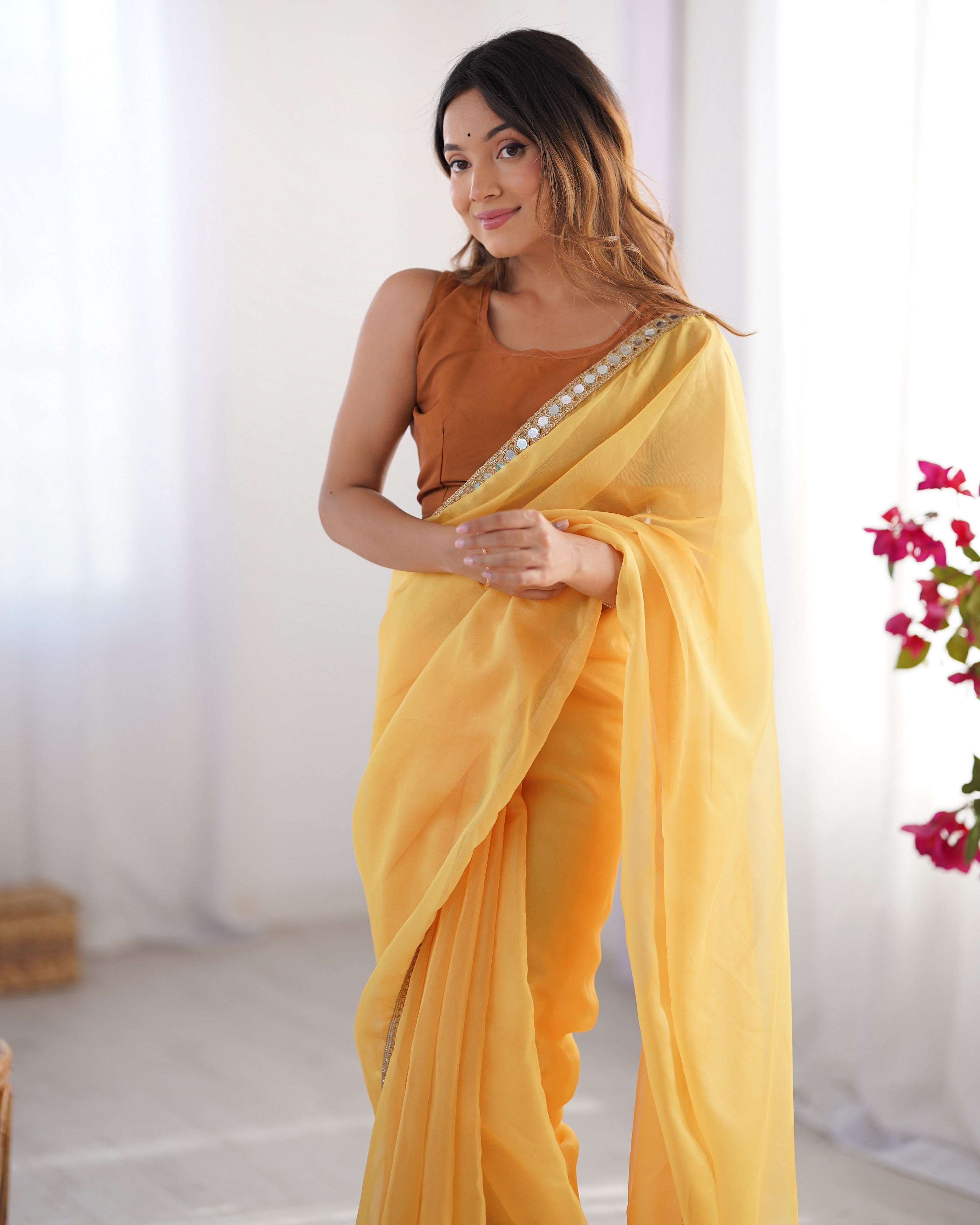 Mustard Organza Embroidery Work Lace Partywear Saree