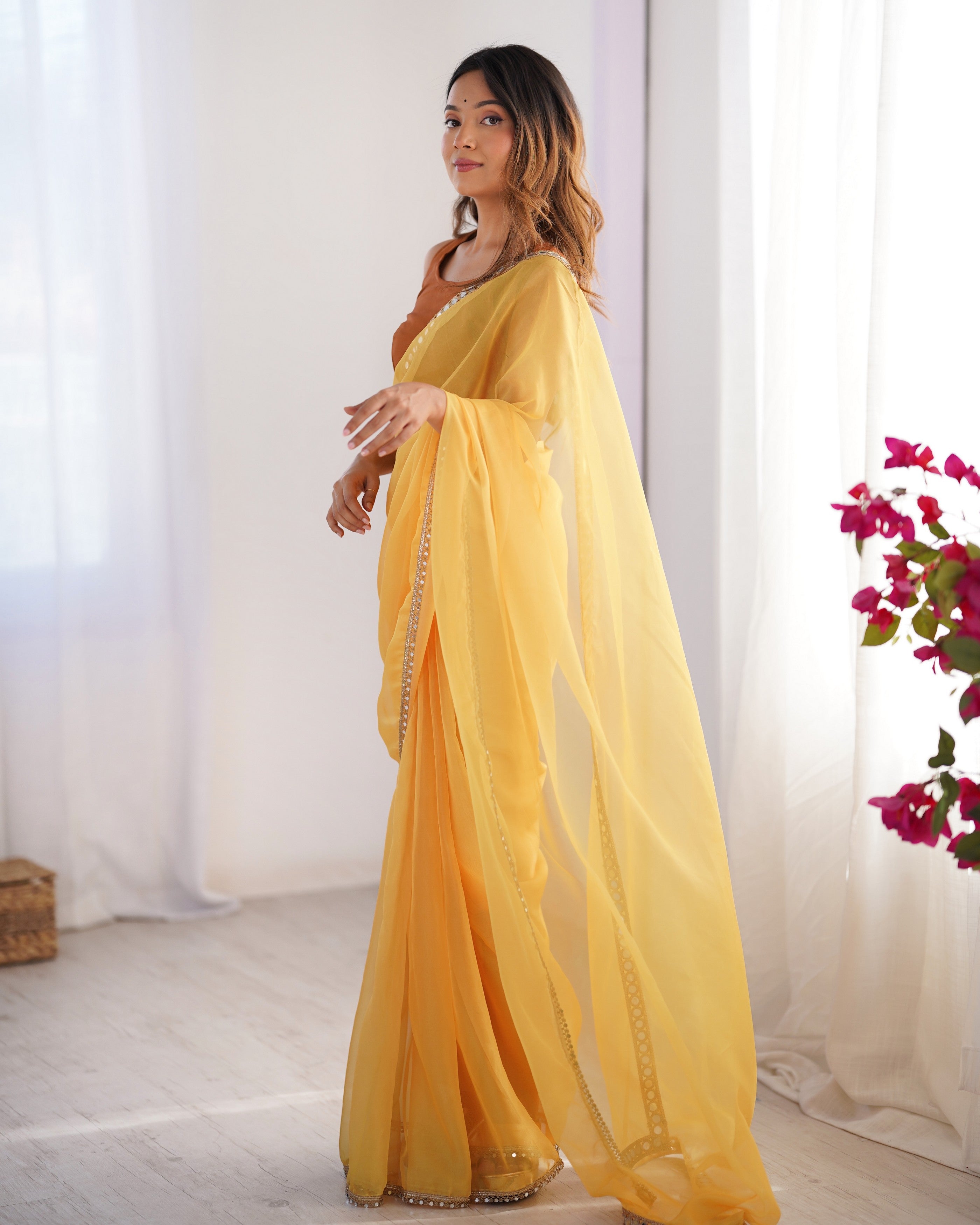 Mustard Organza Embroidery Work Lace Partywear Saree