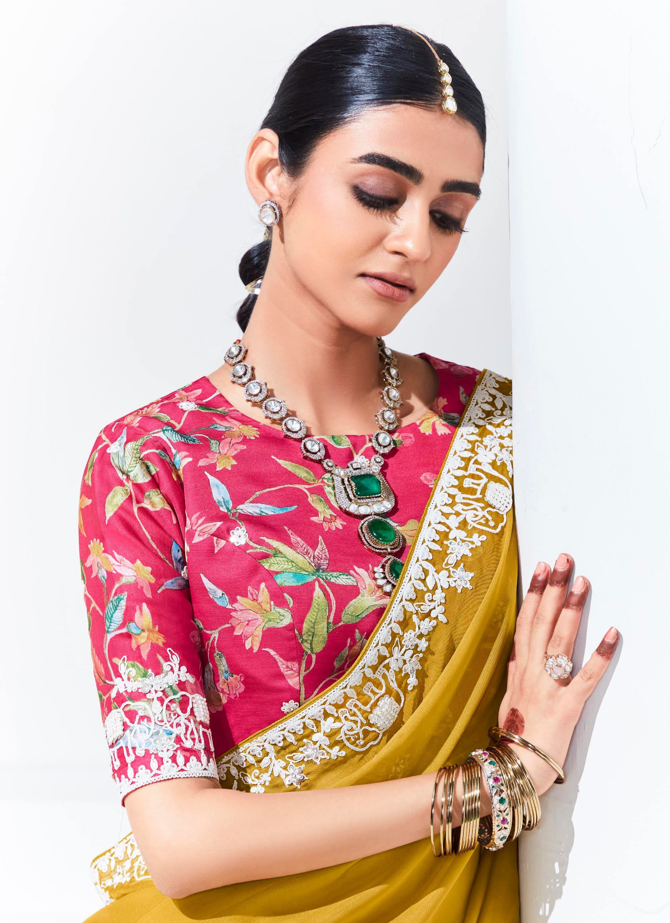 Mustard Organza Saree With  Thread Embroidery with Printed Blouse